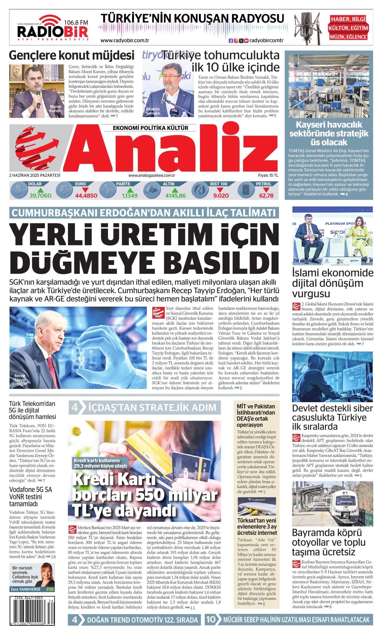 ANALİZ gazetesinin 2 Haziran 2025 tarihli birinci sayfası