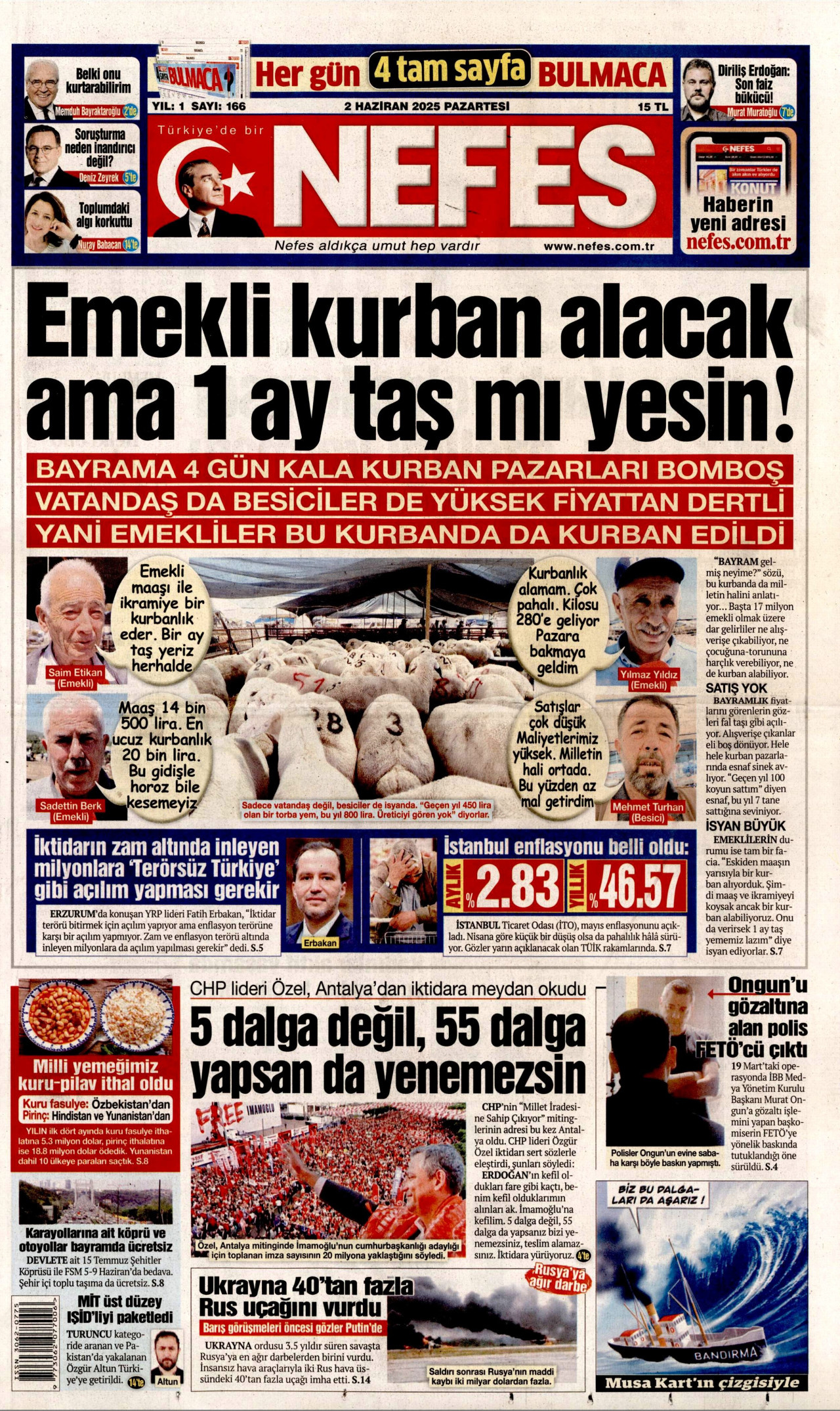 NEFES gazetesinin 2 Haziran 2025 tarihli birinci sayfası