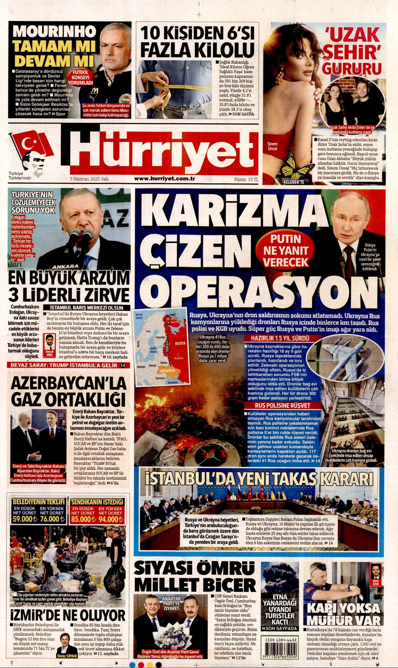 HÜRRİYET gazetesinin 3 Haziran 2025 tarihli birinci sayfası