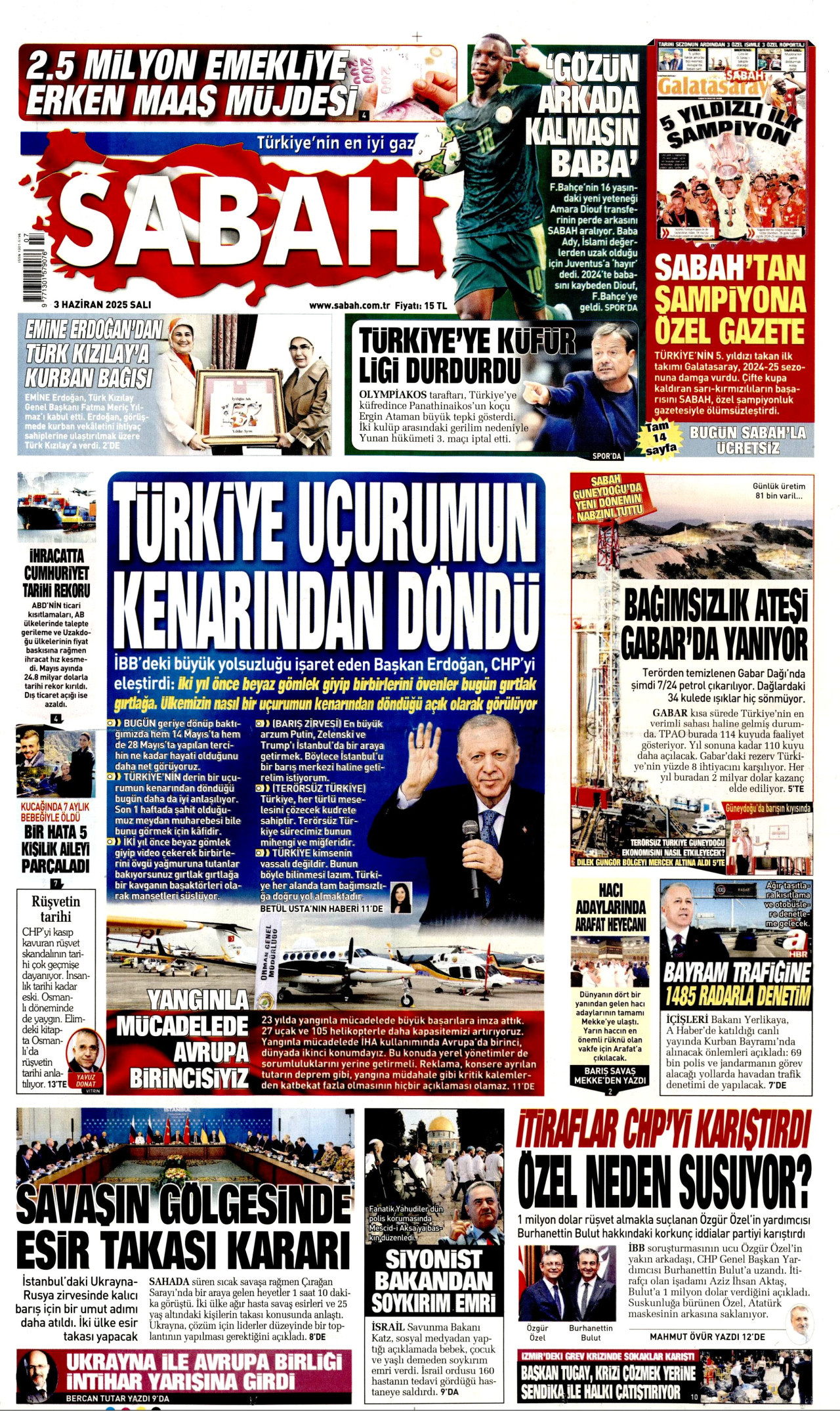 SABAH gazetesinin 3 Haziran 2025 tarihli birinci sayfası