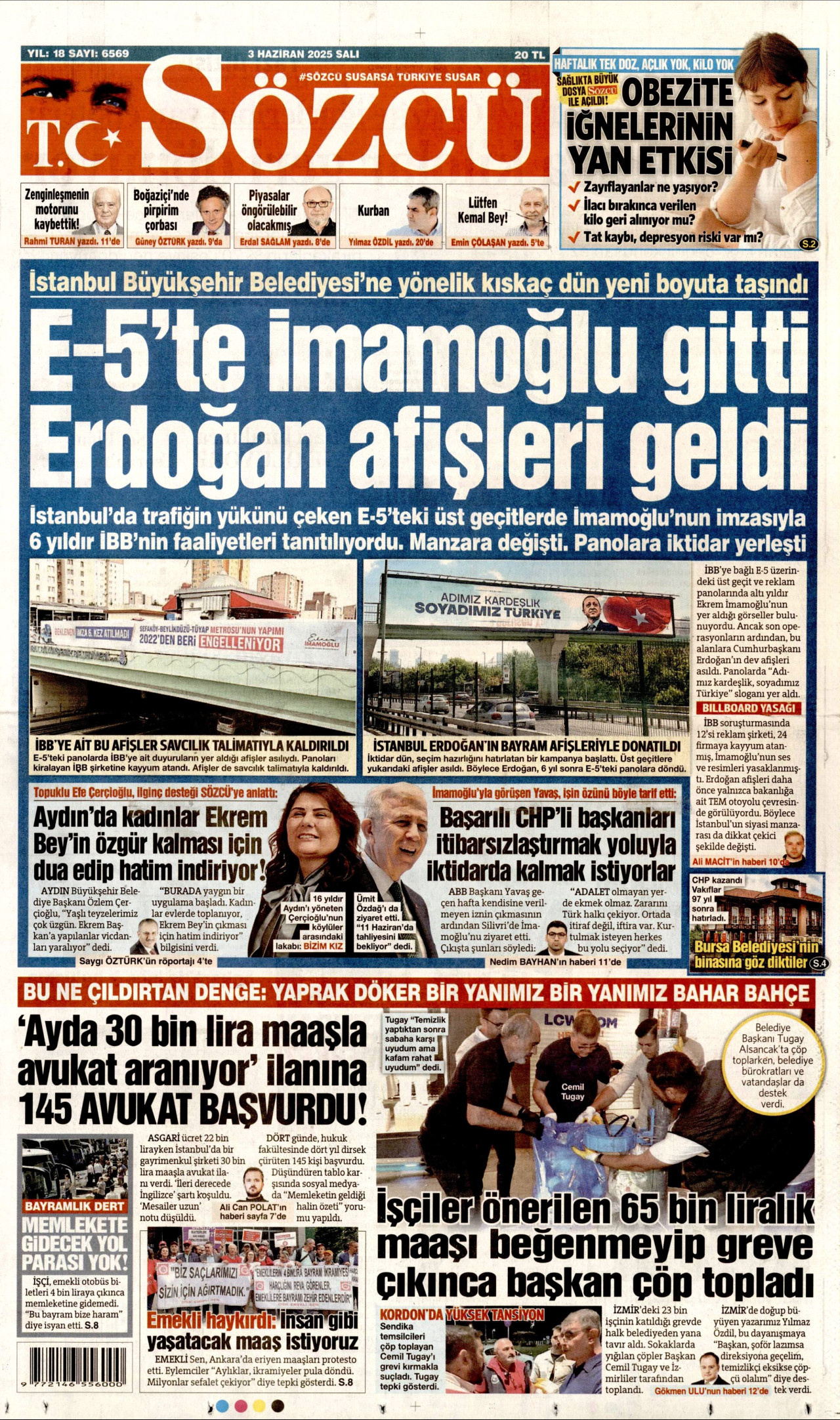 SÖZCÜ gazetesinin 3 Haziran 2025 tarihli birinci sayfası