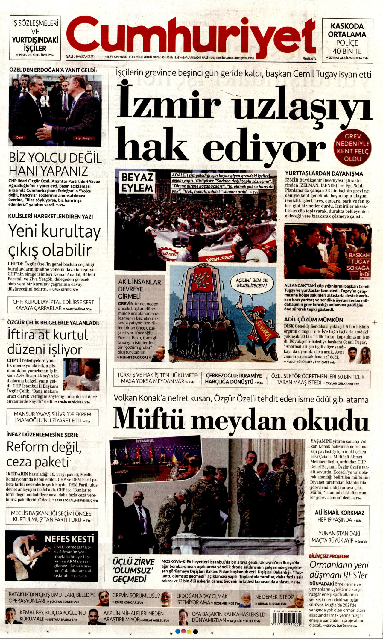 CUMHURİYET gazetesinin 3 Haziran 2025 tarihli birinci sayfası