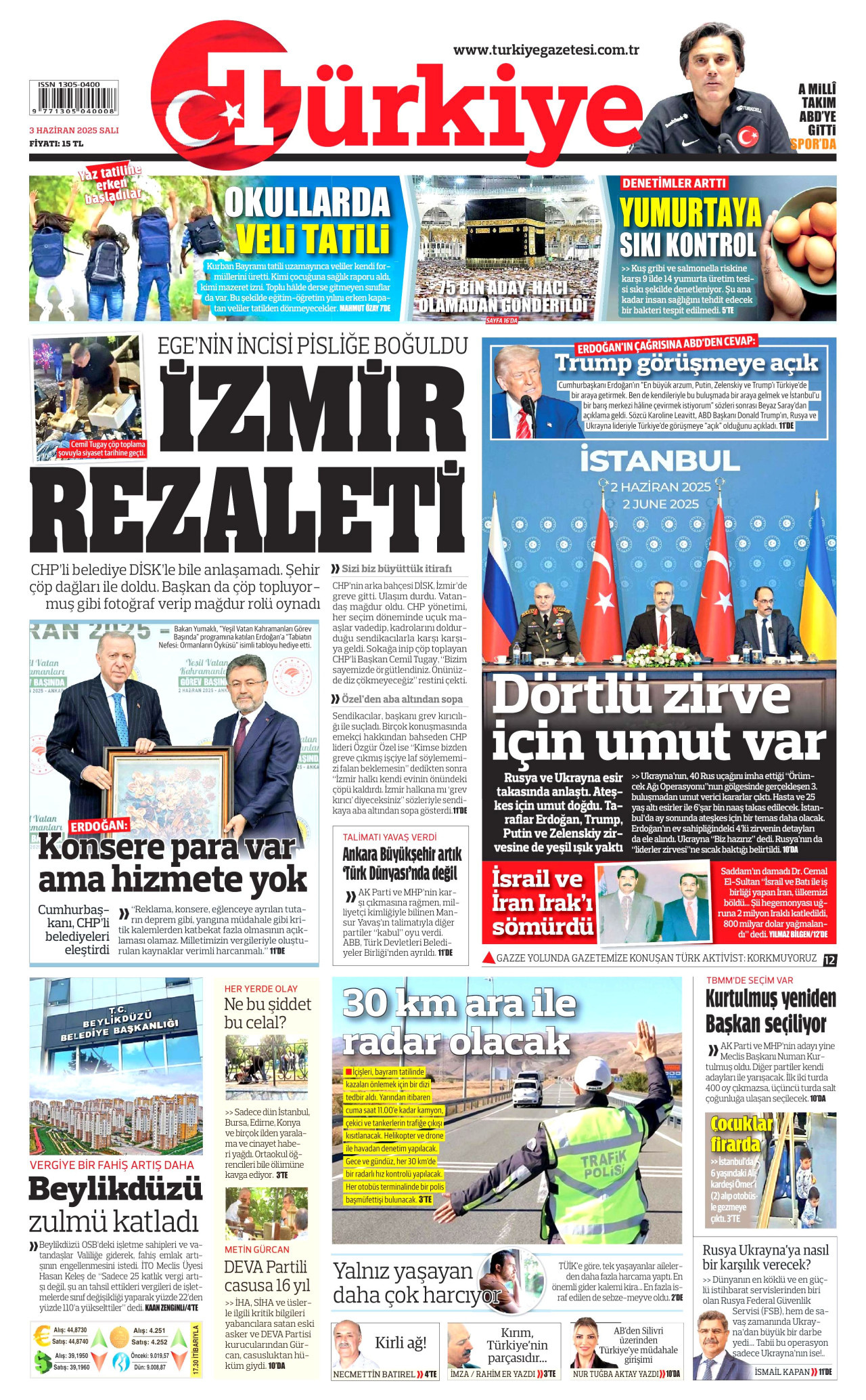 TÜRKİYE GAZETESİ gazetesinin 3 Haziran 2025 tarihli birinci sayfası