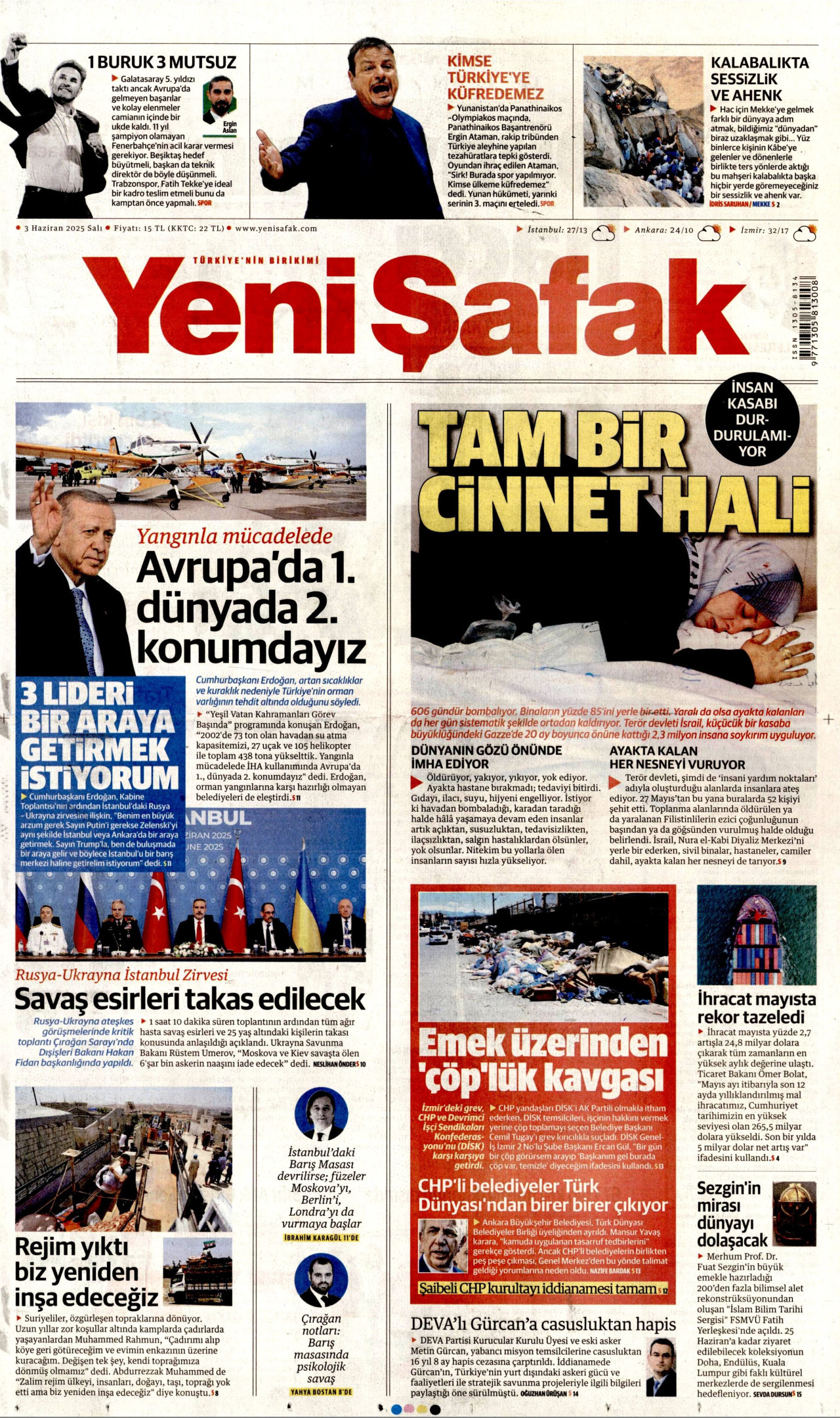 YENİ ŞAFAK gazetesinin 3 Haziran 2025 tarihli birinci sayfası