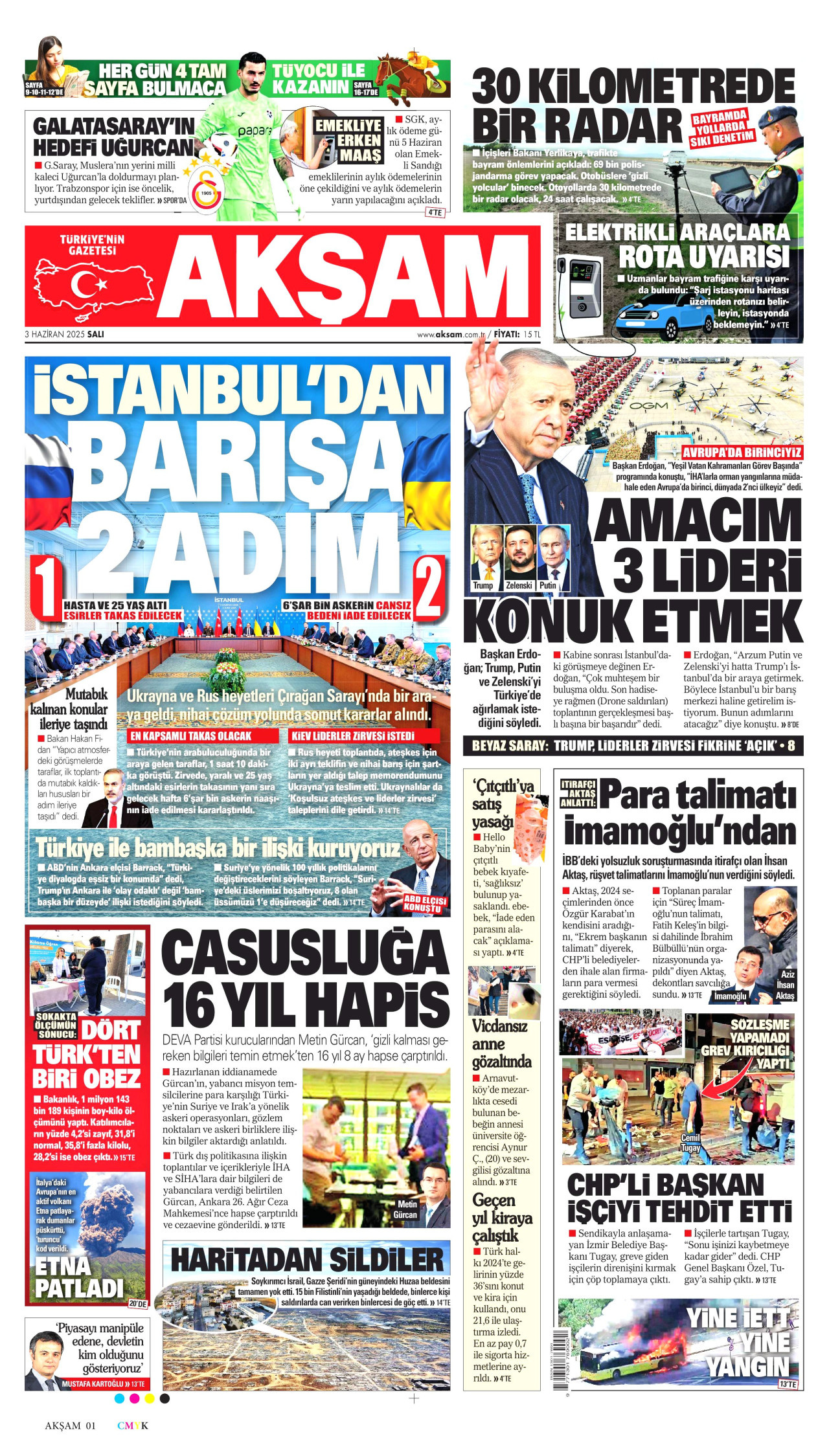 AKŞAM gazetesinin 3 Haziran 2025 tarihli birinci sayfası