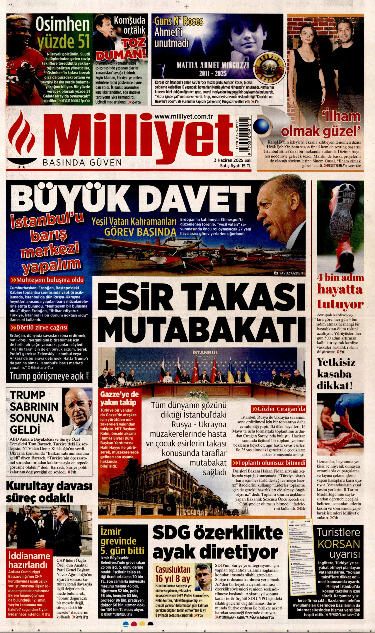 MİLLİYET gazetesinin 3 Haziran 2025 tarihli birinci sayfası