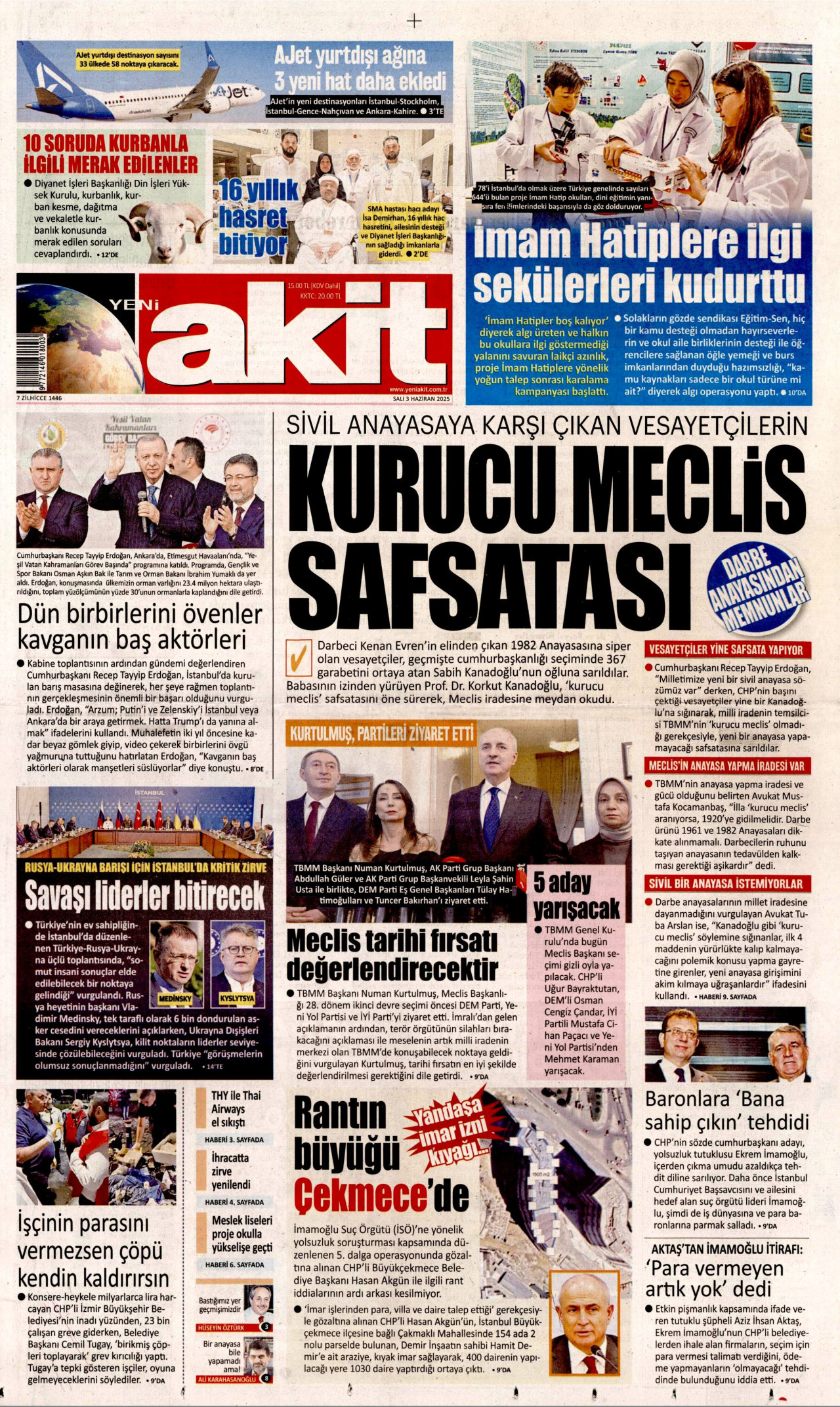 YENİ AKİT gazetesinin 3 Haziran 2025 tarihli birinci sayfası