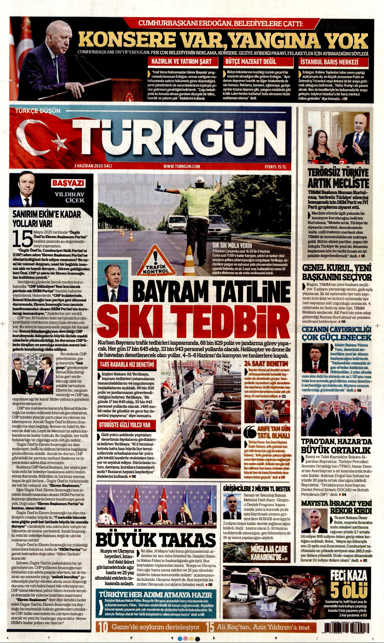 TÜRKGÜN gazetesinin 3 Haziran 2025 tarihli birinci sayfası