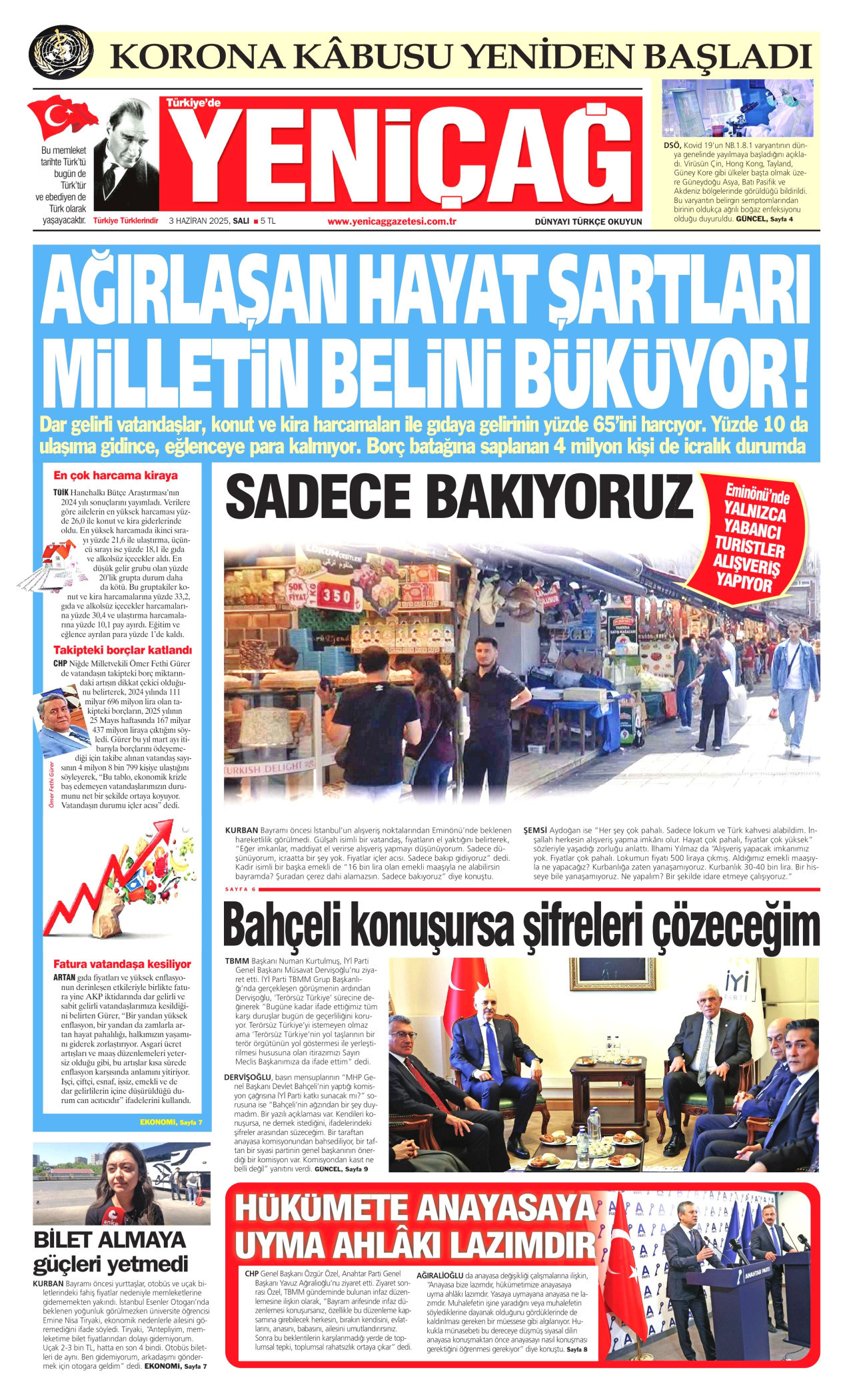 YENİÇAĞ gazetesinin 3 Haziran 2025 tarihli birinci sayfası