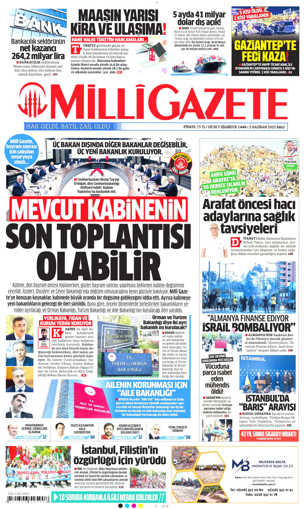 MİLLİ GAZETE gazetesinin 3 Haziran 2025 tarihli birinci sayfası