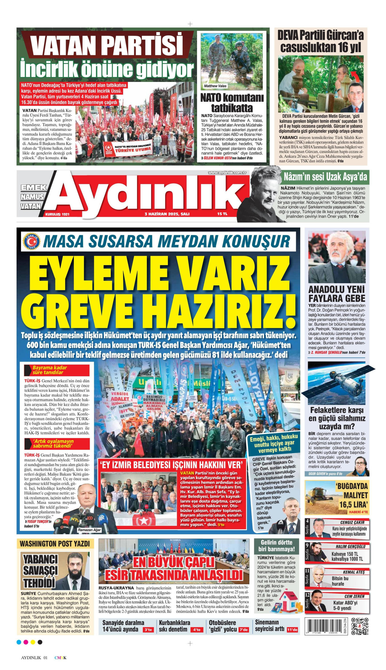 AYDINLIK GAZETESİ gazetesinin 3 Haziran 2025 tarihli birinci sayfası