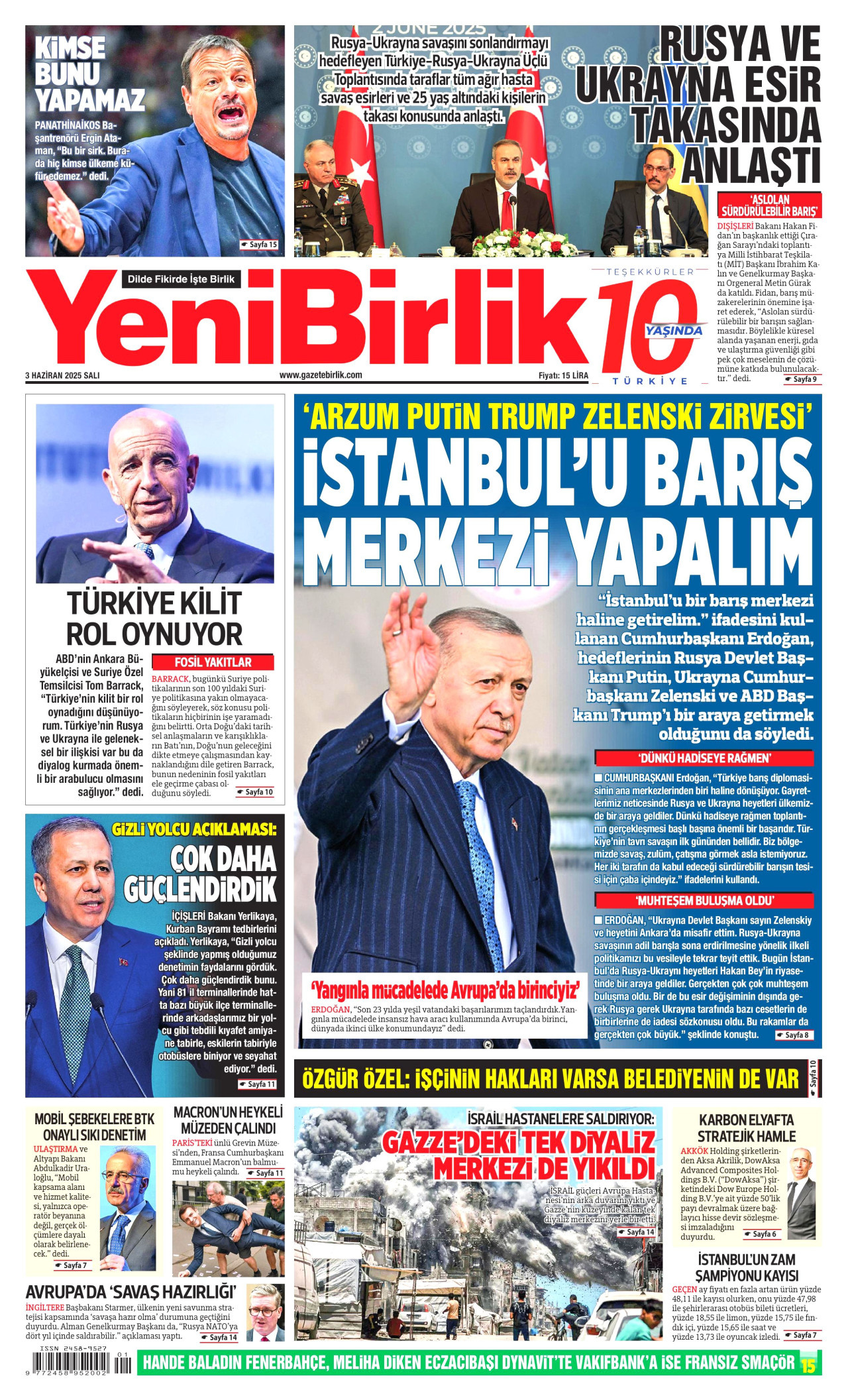 YENİBİRLİK gazetesinin 3 Haziran 2025 tarihli birinci sayfası