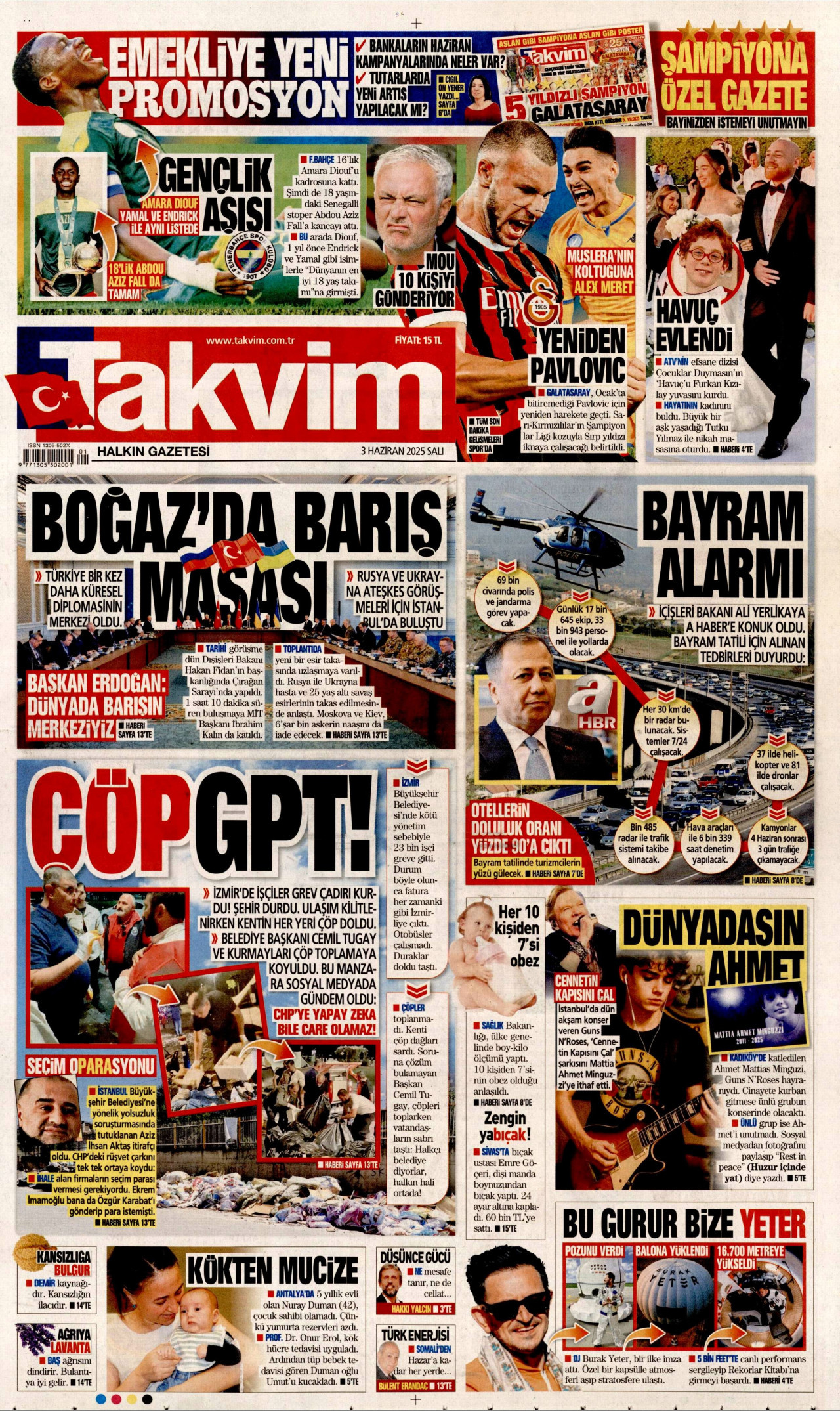 TAKVİM gazetesinin 3 Haziran 2025 tarihli birinci sayfası