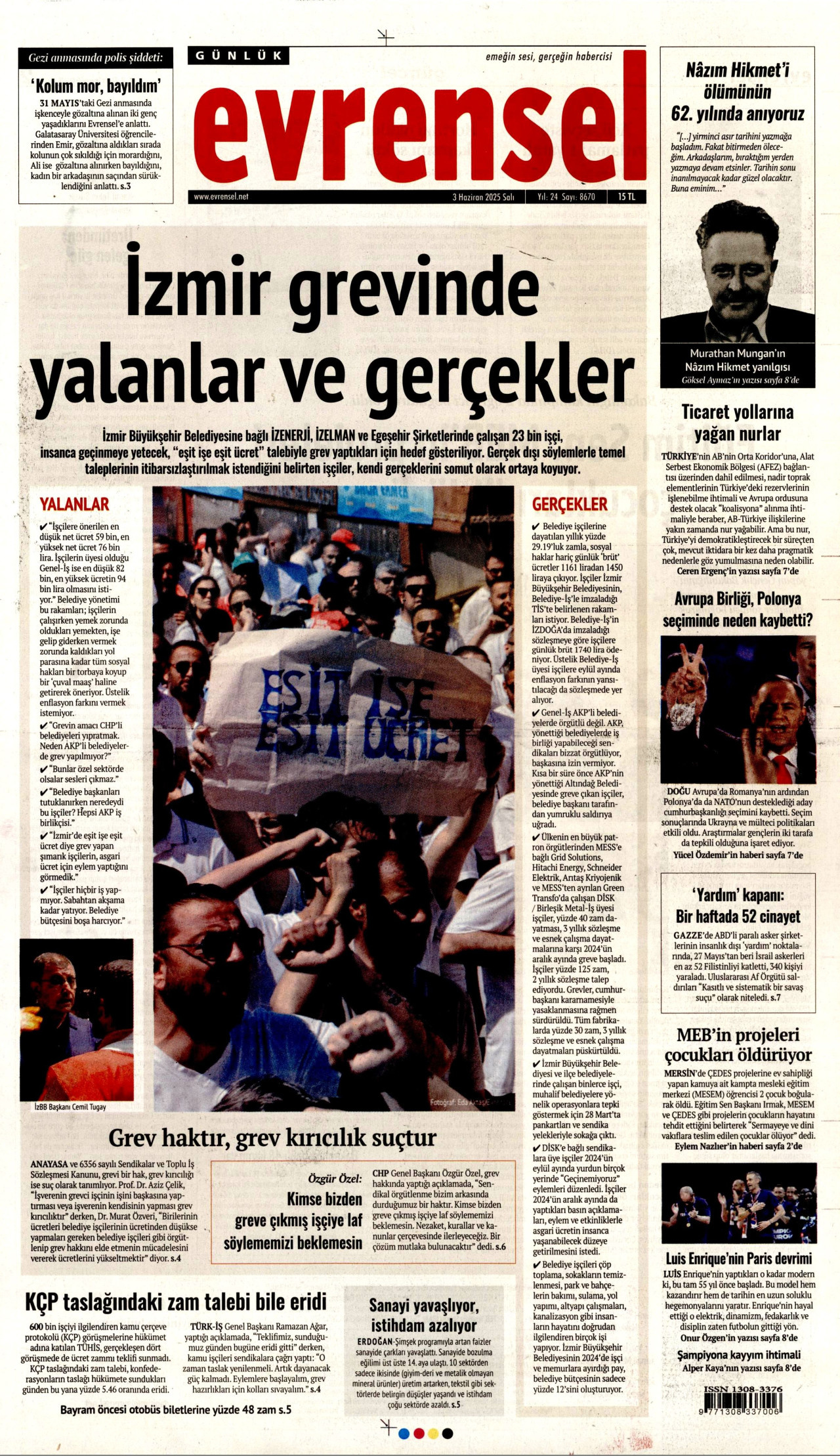 EVRENSEL gazetesinin 3 Haziran 2025 tarihli birinci sayfası