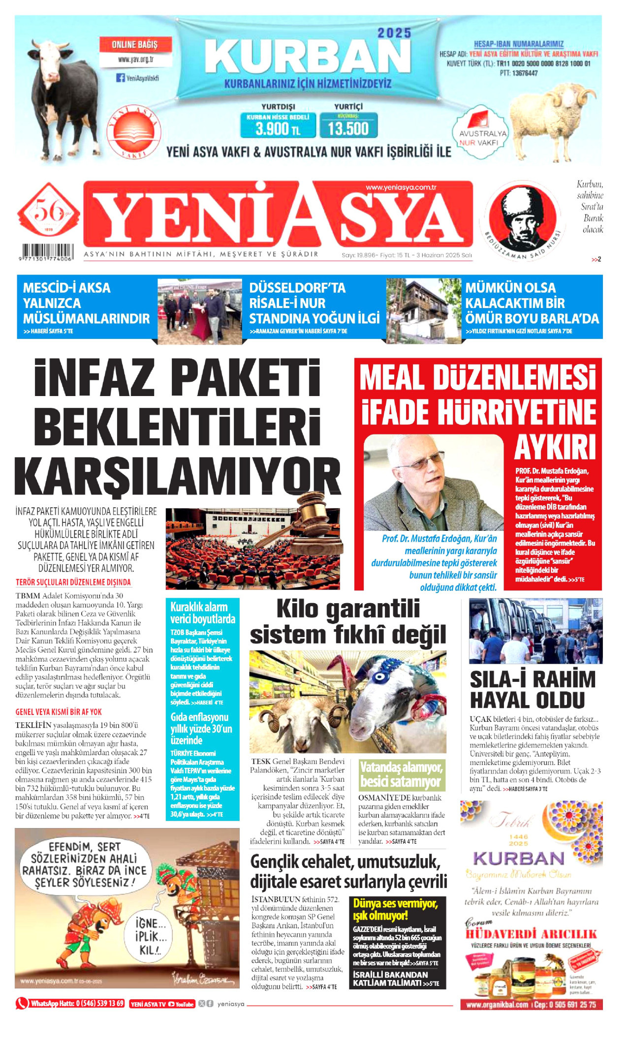 YENİ ASYA gazetesinin 3 Haziran 2025 tarihli birinci sayfası