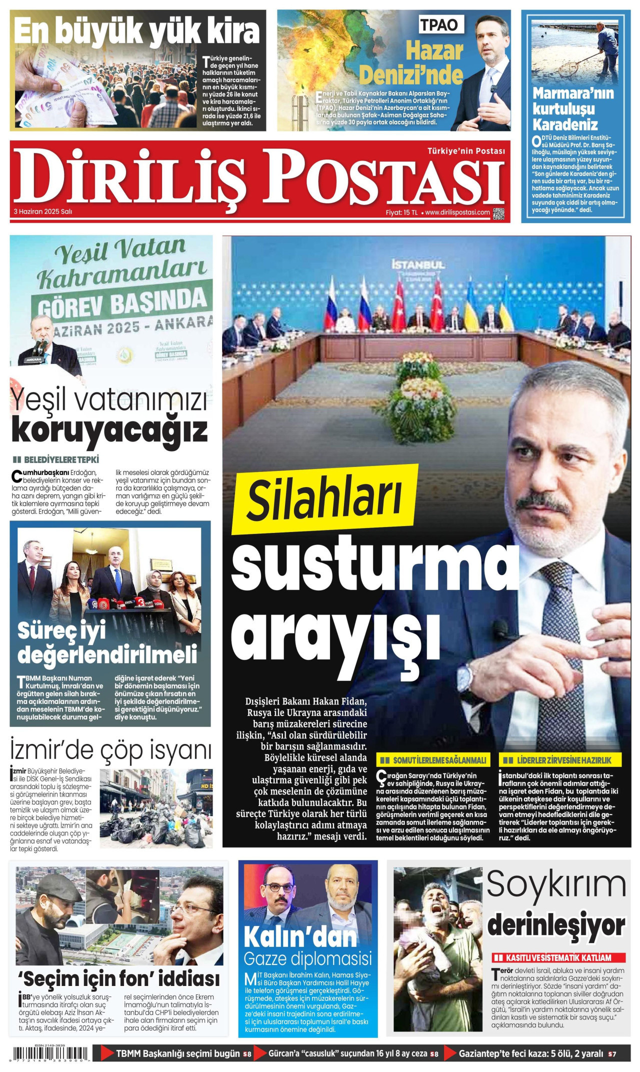DİRİLİŞ POSTASI gazetesinin 3 Haziran 2025 tarihli birinci sayfası