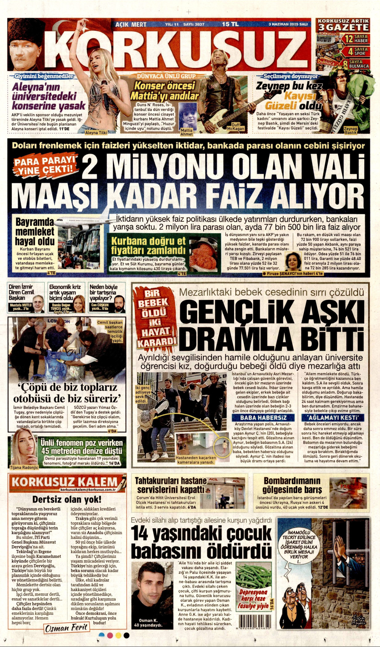 KORKUSUZ gazetesinin 3 Haziran 2025 tarihli birinci sayfası