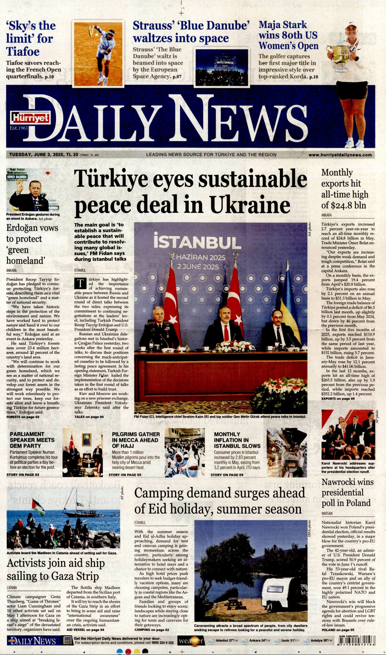 HÜRRİYET DAİLY NEWS gazetesinin 3 Haziran 2025 tarihli birinci sayfası