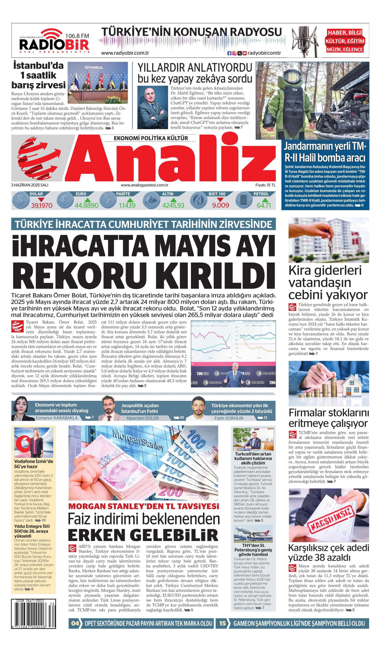 ANALİZ gazetesinin 3 Haziran 2025 tarihli birinci sayfası