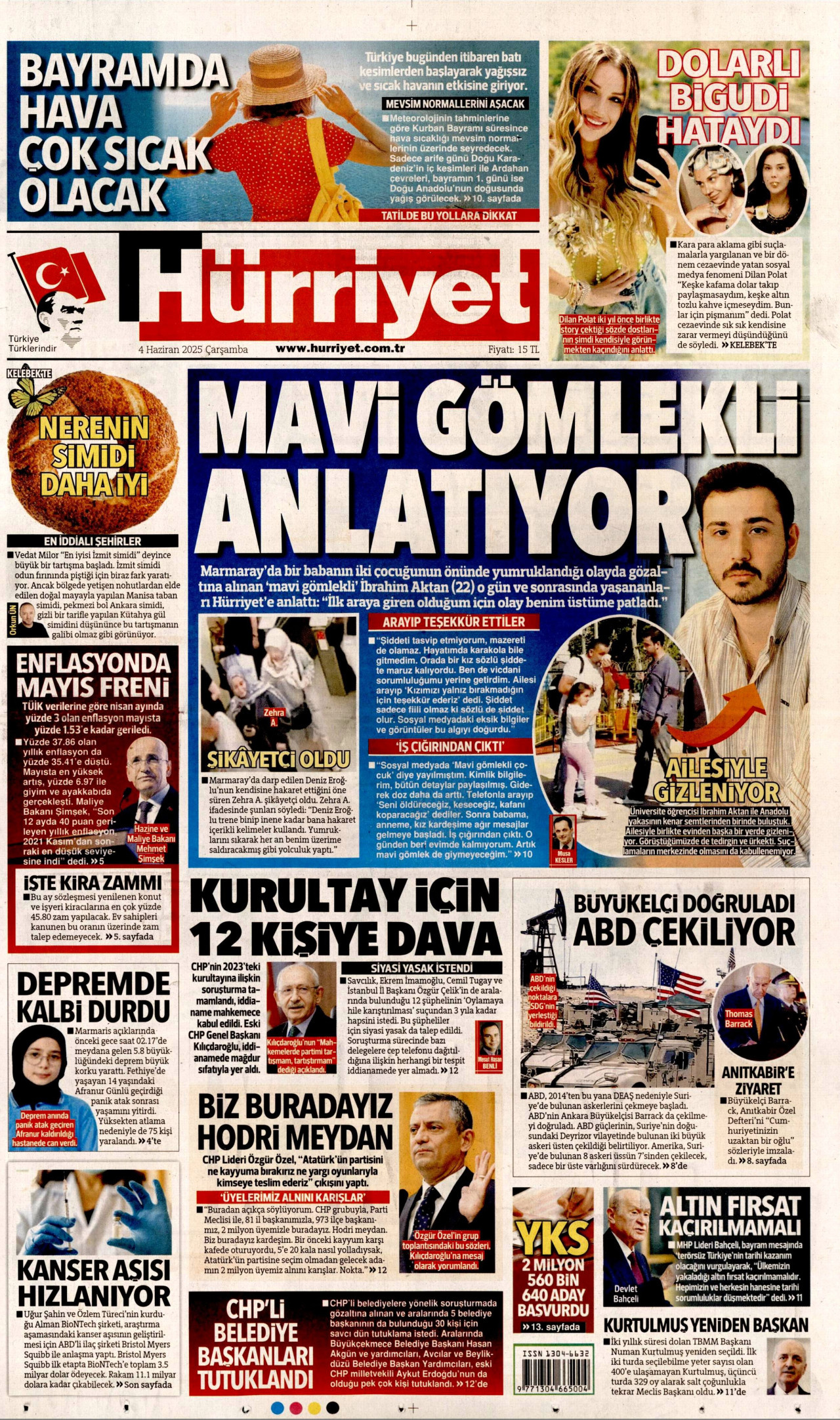 HÜRRİYET gazetesinin 4 Haziran 2025 tarihli birinci sayfası