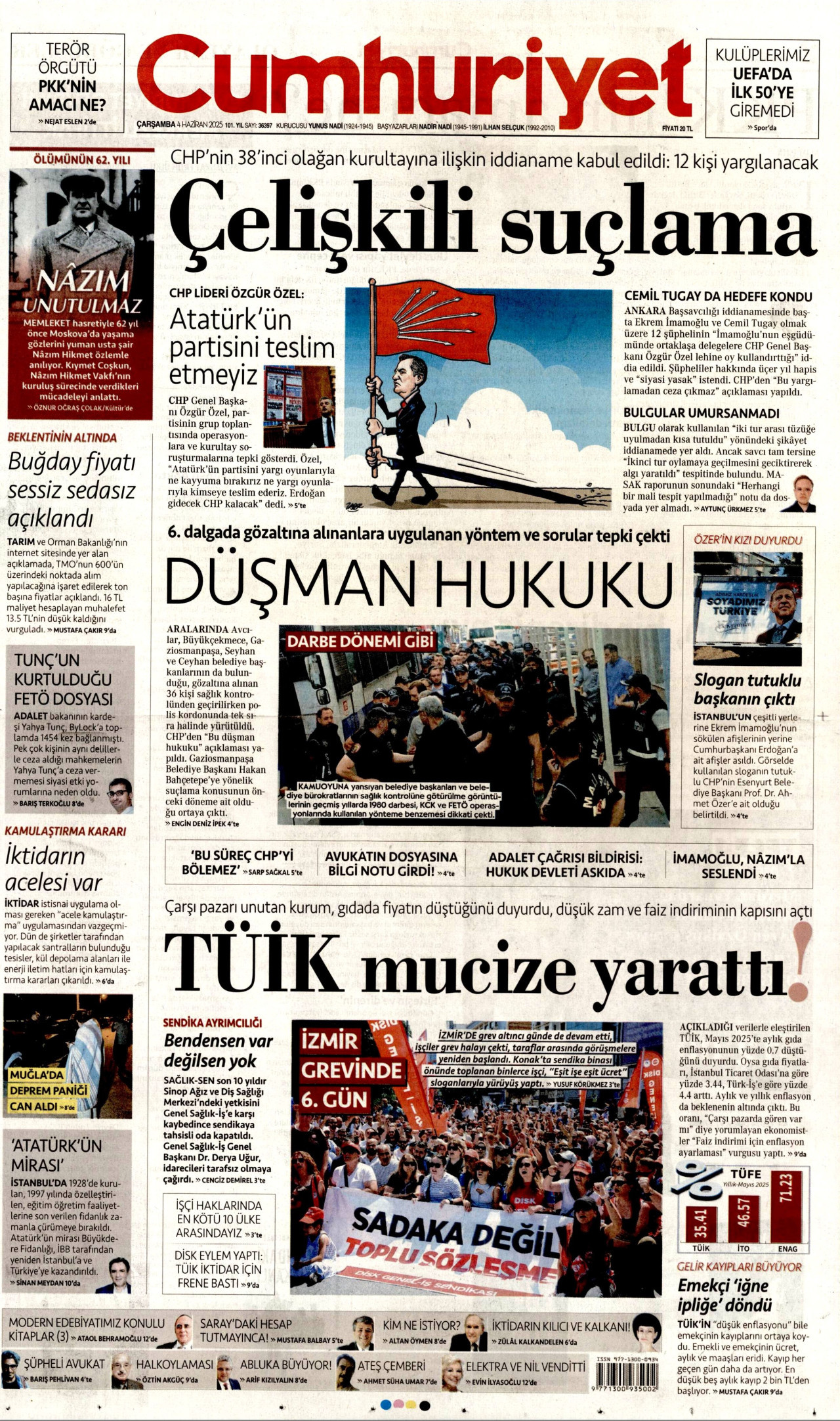 CUMHURİYET gazetesinin 4 Haziran 2025 tarihli birinci sayfası