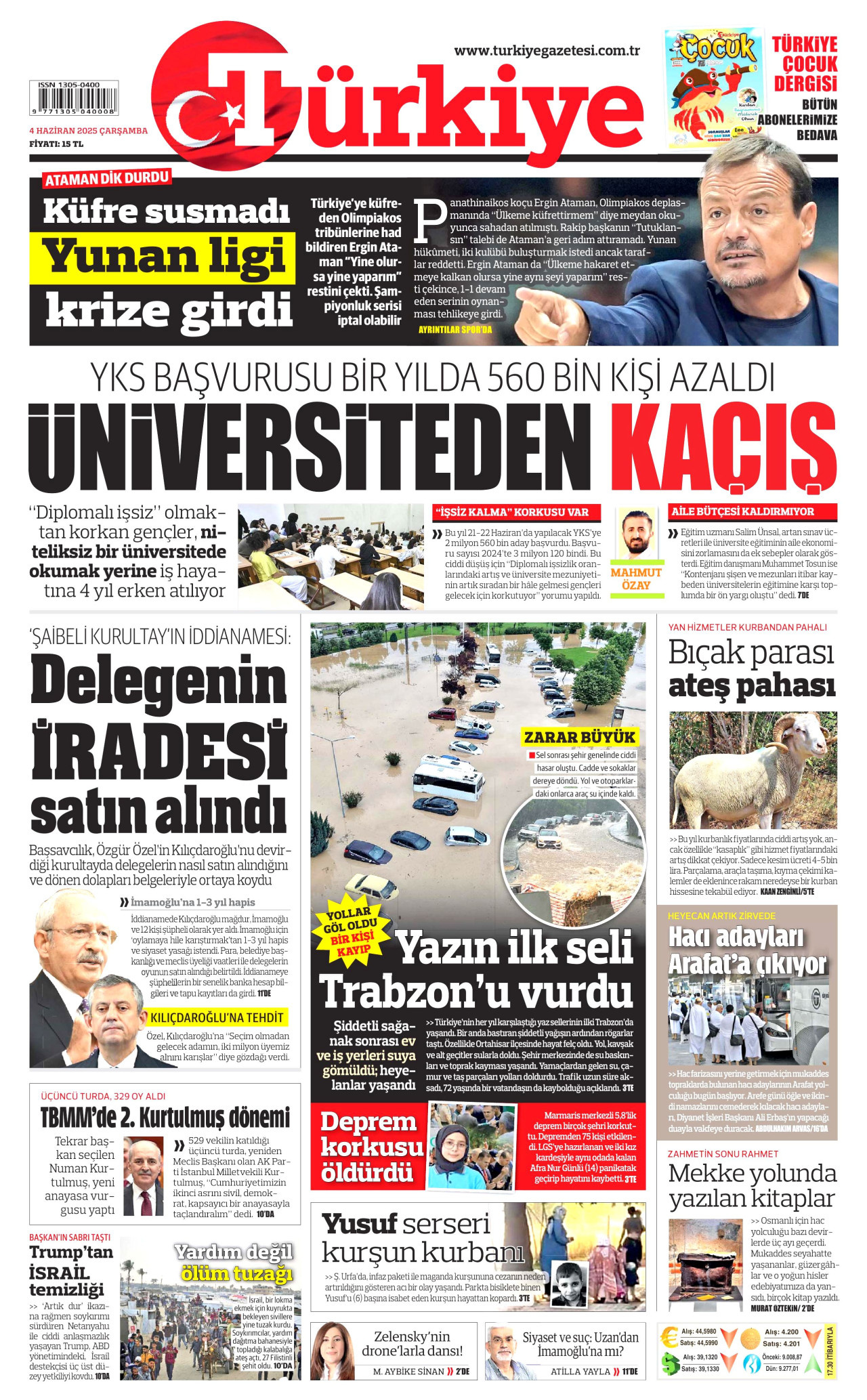 TÜRKİYE GAZETESİ gazetesinin 4 Haziran 2025 tarihli birinci sayfası