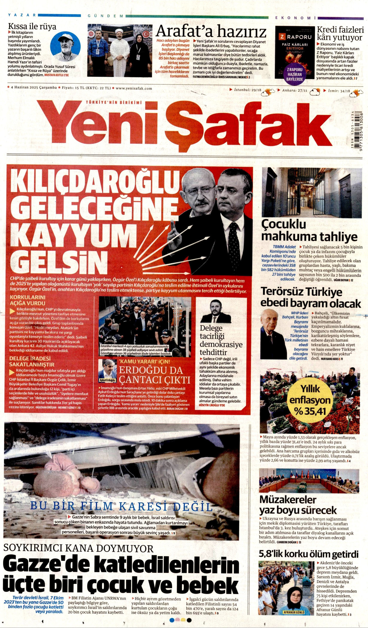 YENİ ŞAFAK gazetesinin 4 Haziran 2025 tarihli birinci sayfası