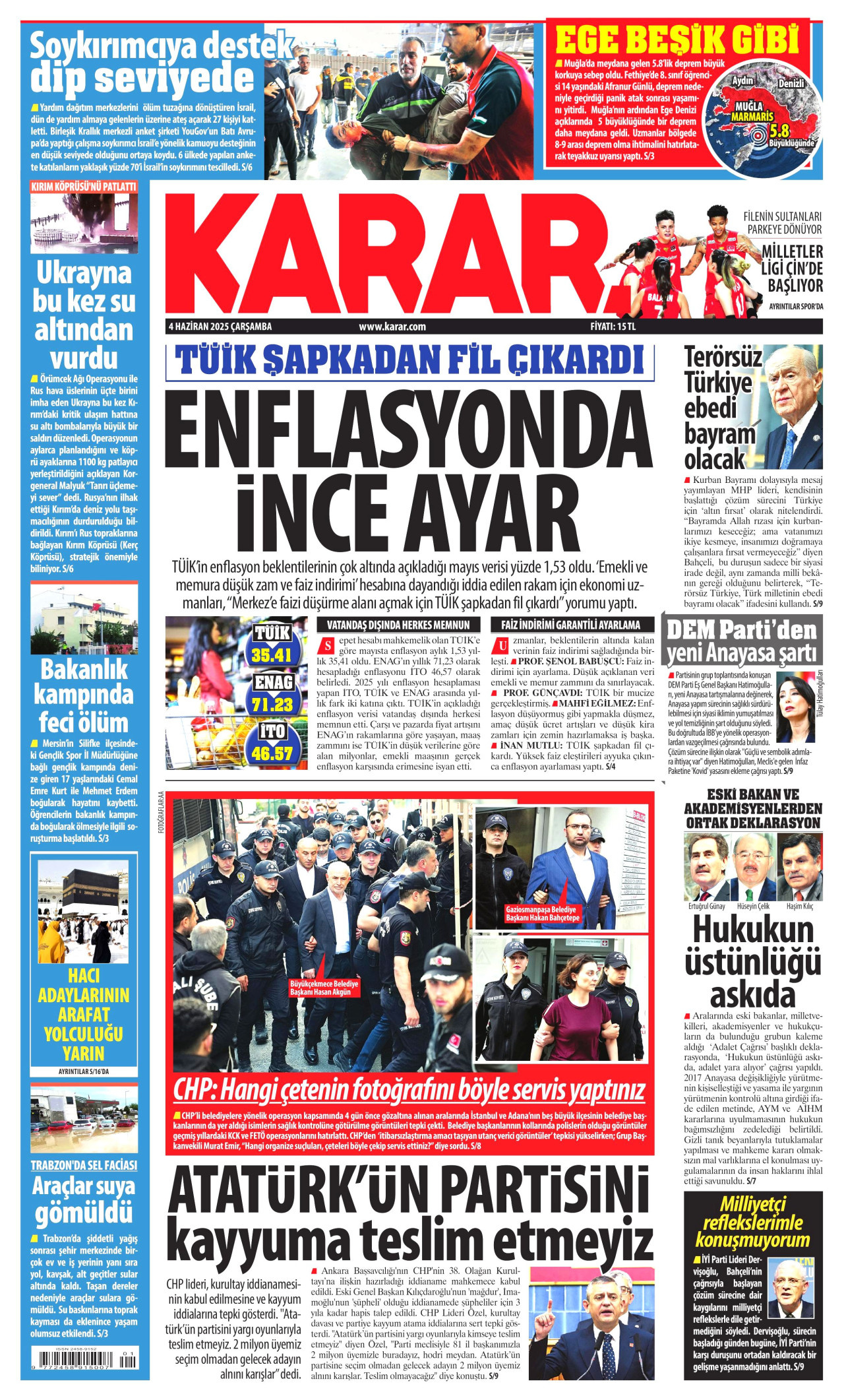 KARAR gazetesinin 4 Haziran 2025 tarihli birinci sayfası
