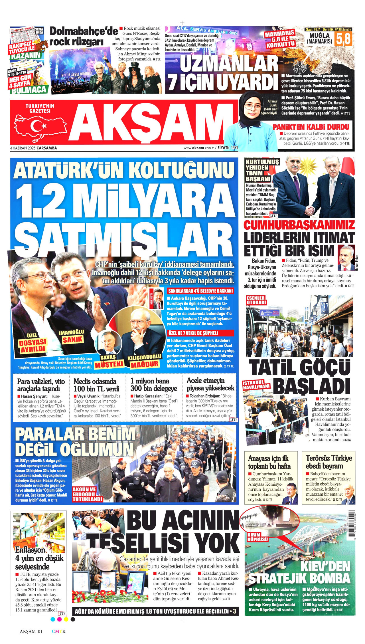 AKŞAM gazetesinin 4 Haziran 2025 tarihli birinci sayfası