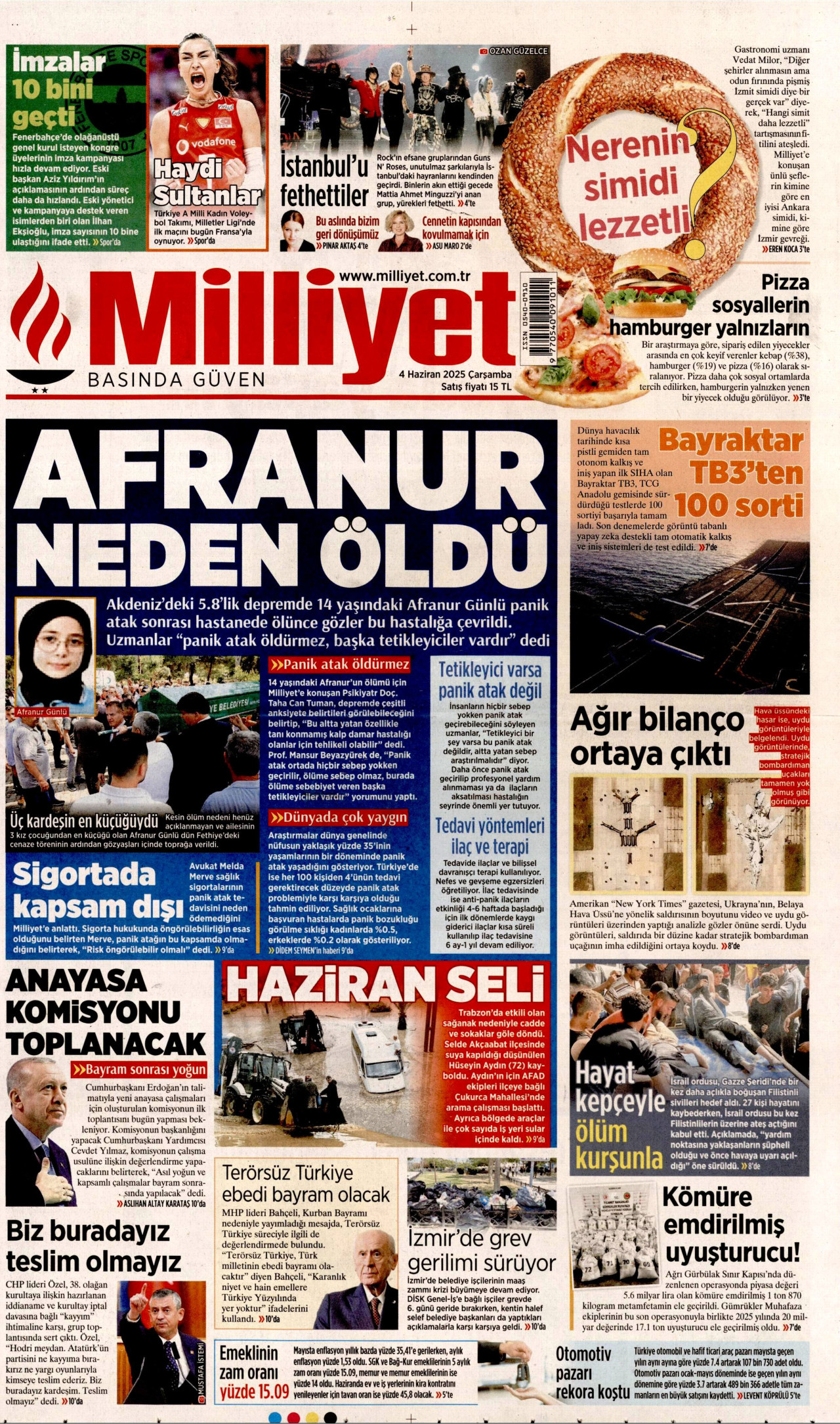 MİLLİYET gazetesinin 4 Haziran 2025 tarihli birinci sayfası