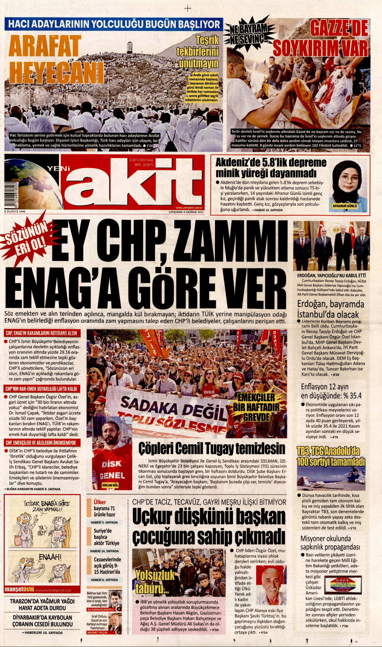 YENİ AKİT gazetesinin 4 Haziran 2025 tarihli birinci sayfası