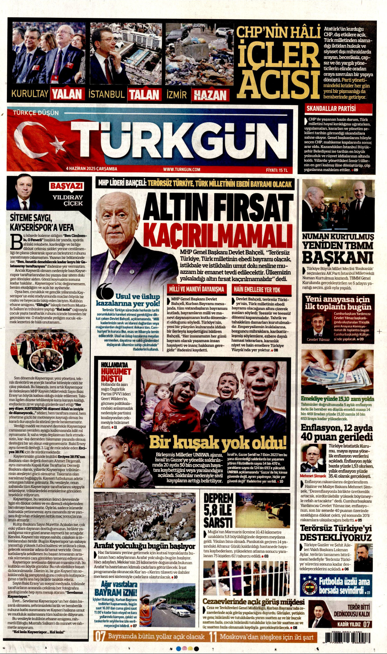 TÜRKGÜN gazetesinin 4 Haziran 2025 tarihli birinci sayfası