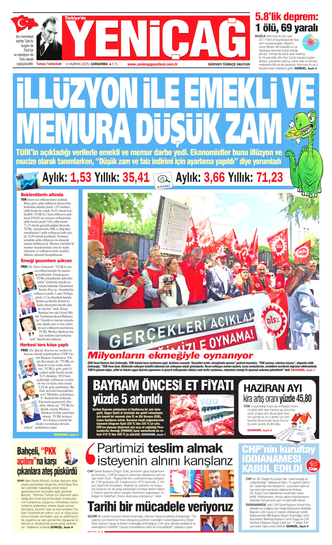 YENİÇAĞ gazetesinin 4 Haziran 2025 tarihli birinci sayfası