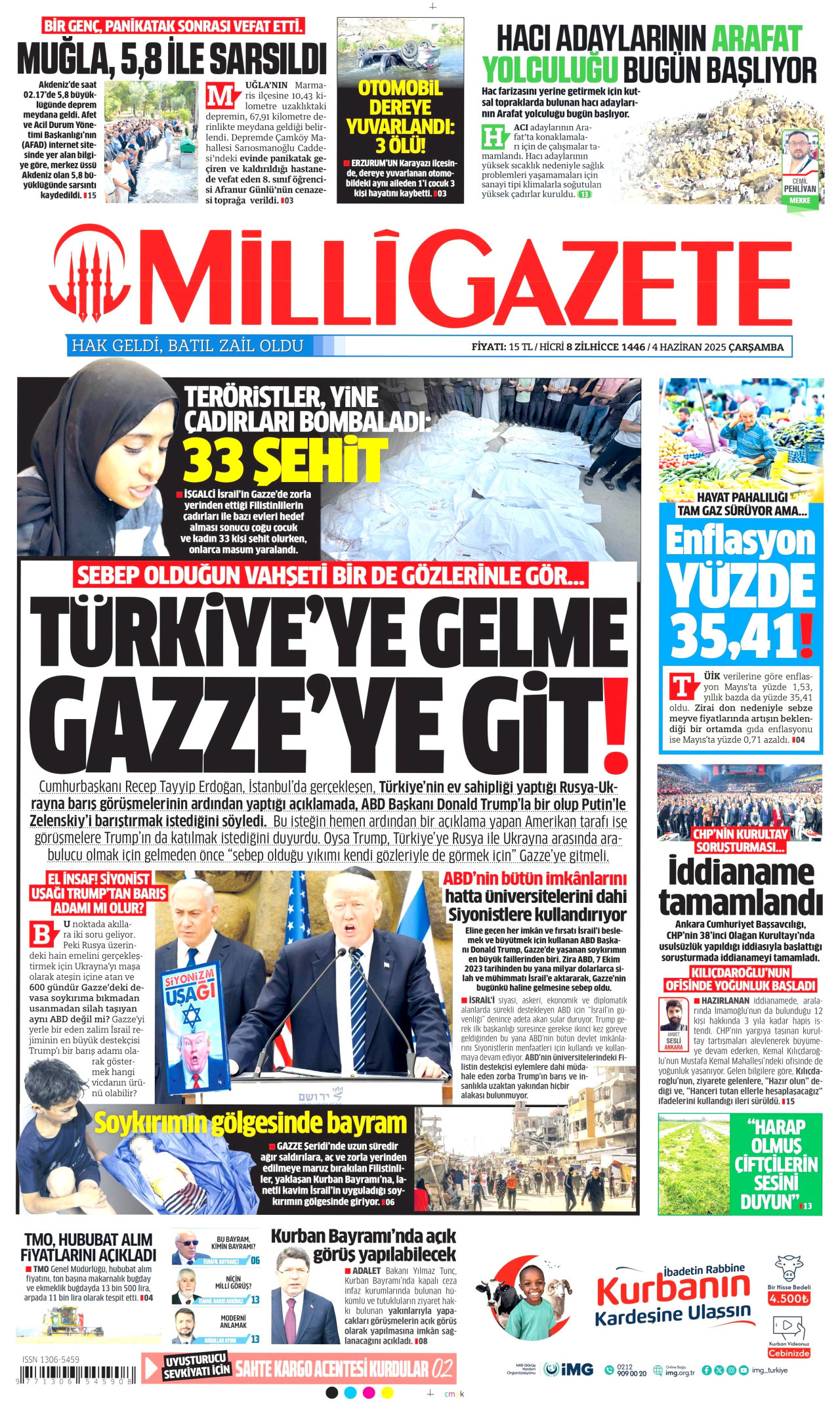 MİLLİ GAZETE gazetesinin 4 Haziran 2025 tarihli birinci sayfası