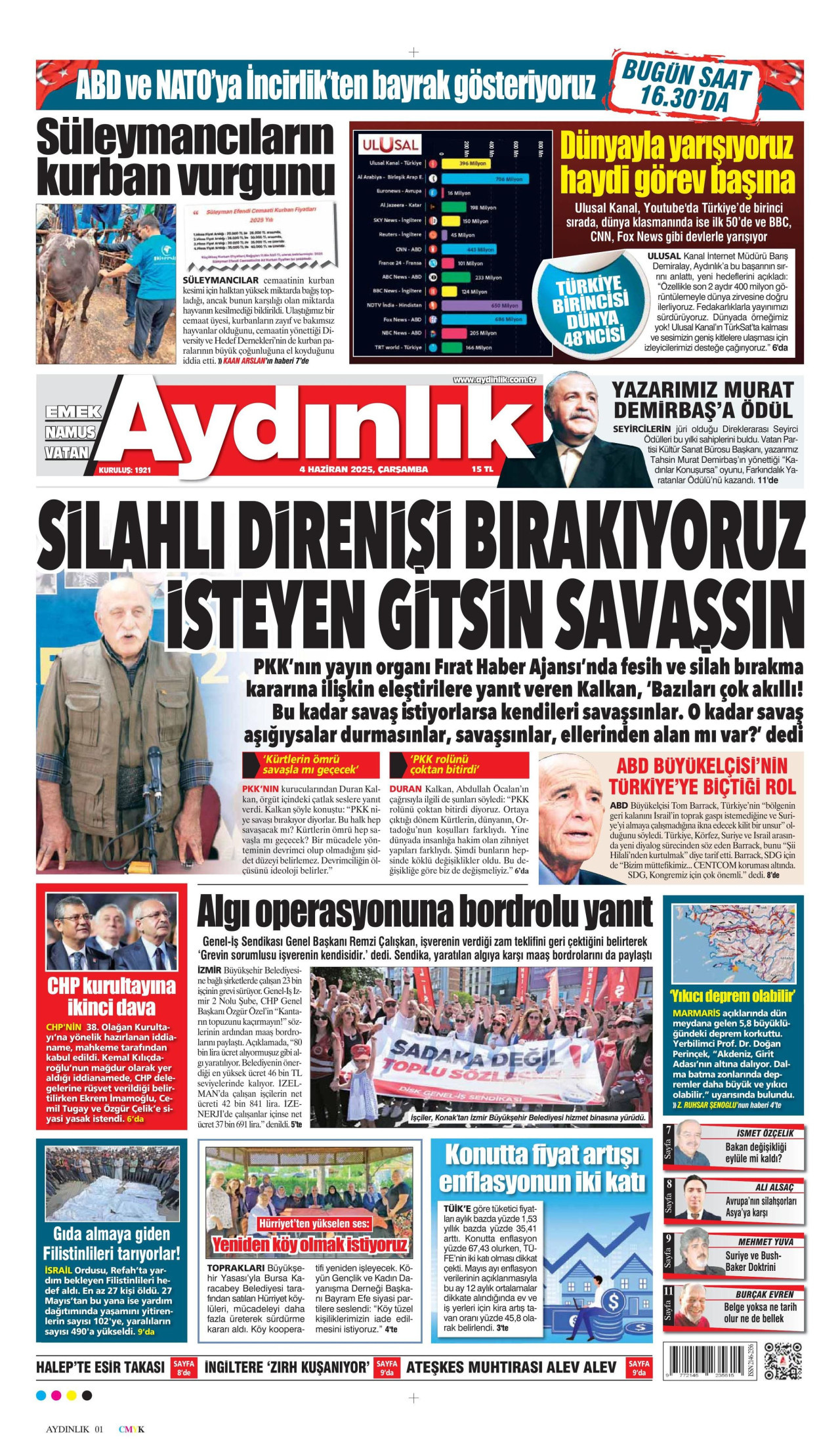 AYDINLIK GAZETESİ gazetesinin 4 Haziran 2025 tarihli birinci sayfası