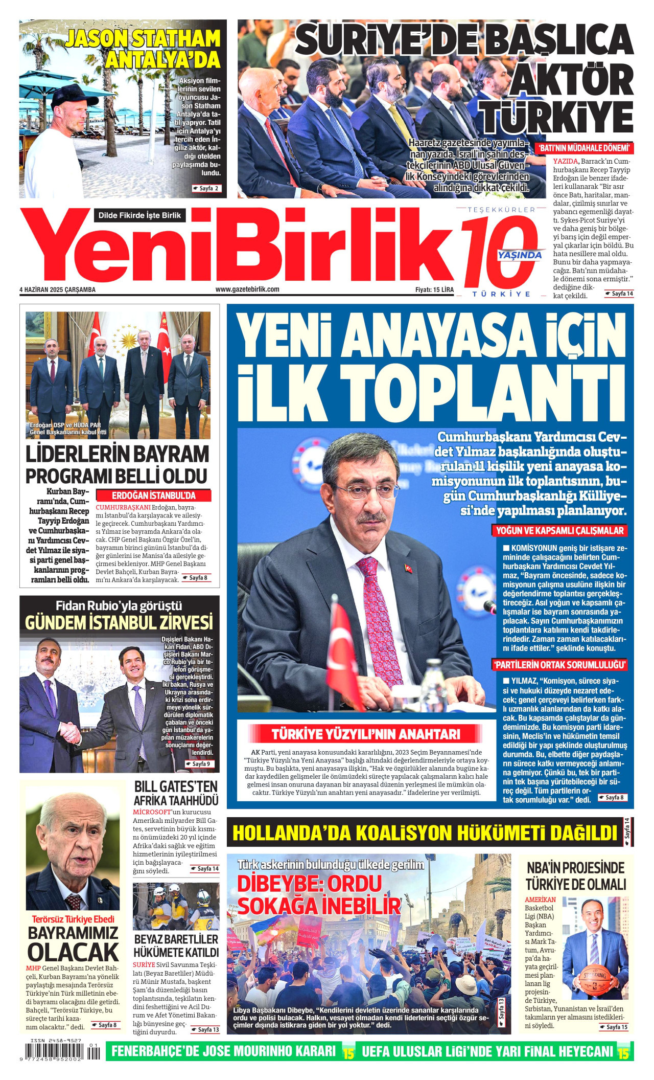 YENİBİRLİK gazetesinin 4 Haziran 2025 tarihli birinci sayfası