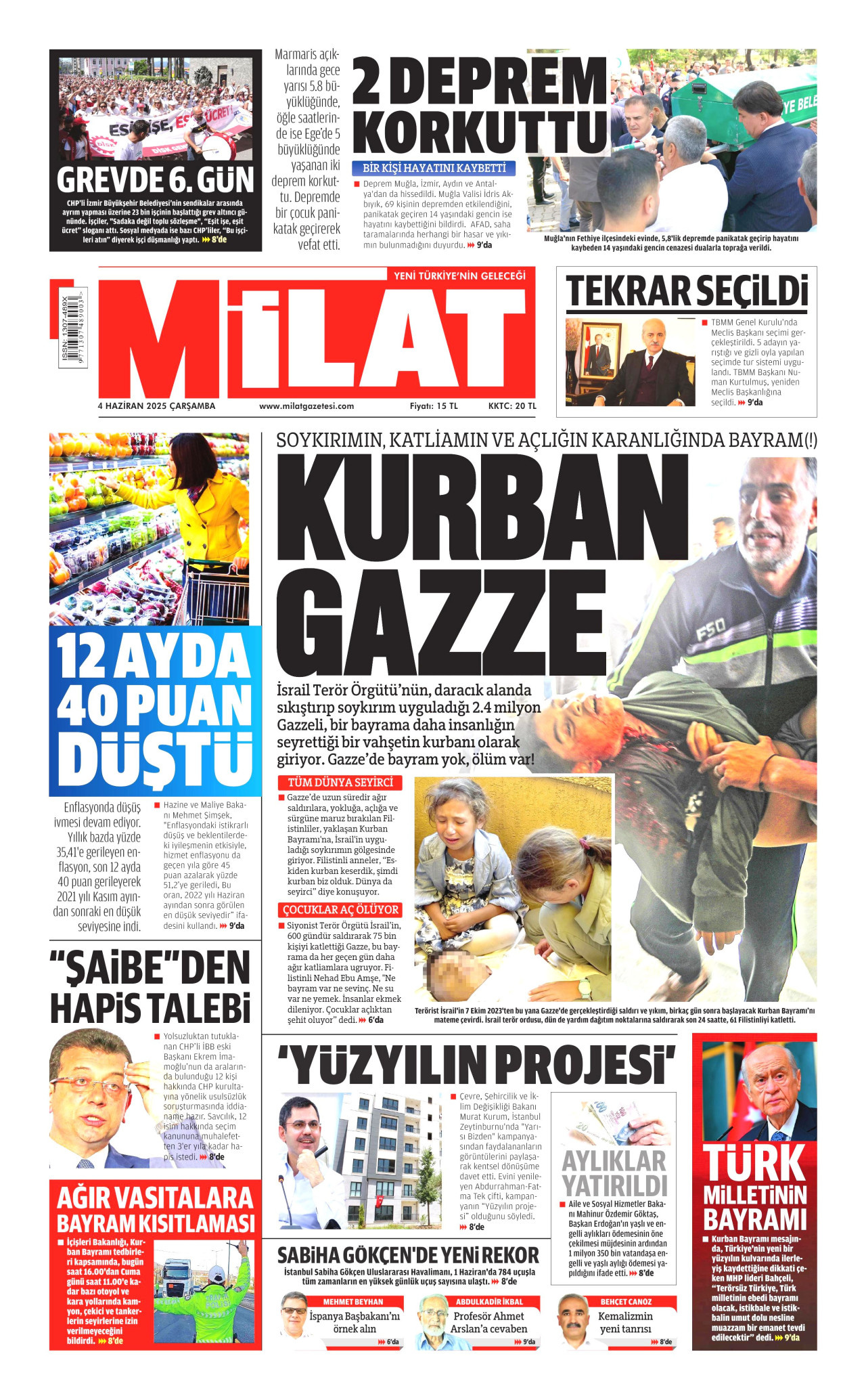MİLAT gazetesinin 4 Haziran 2025 tarihli birinci sayfası