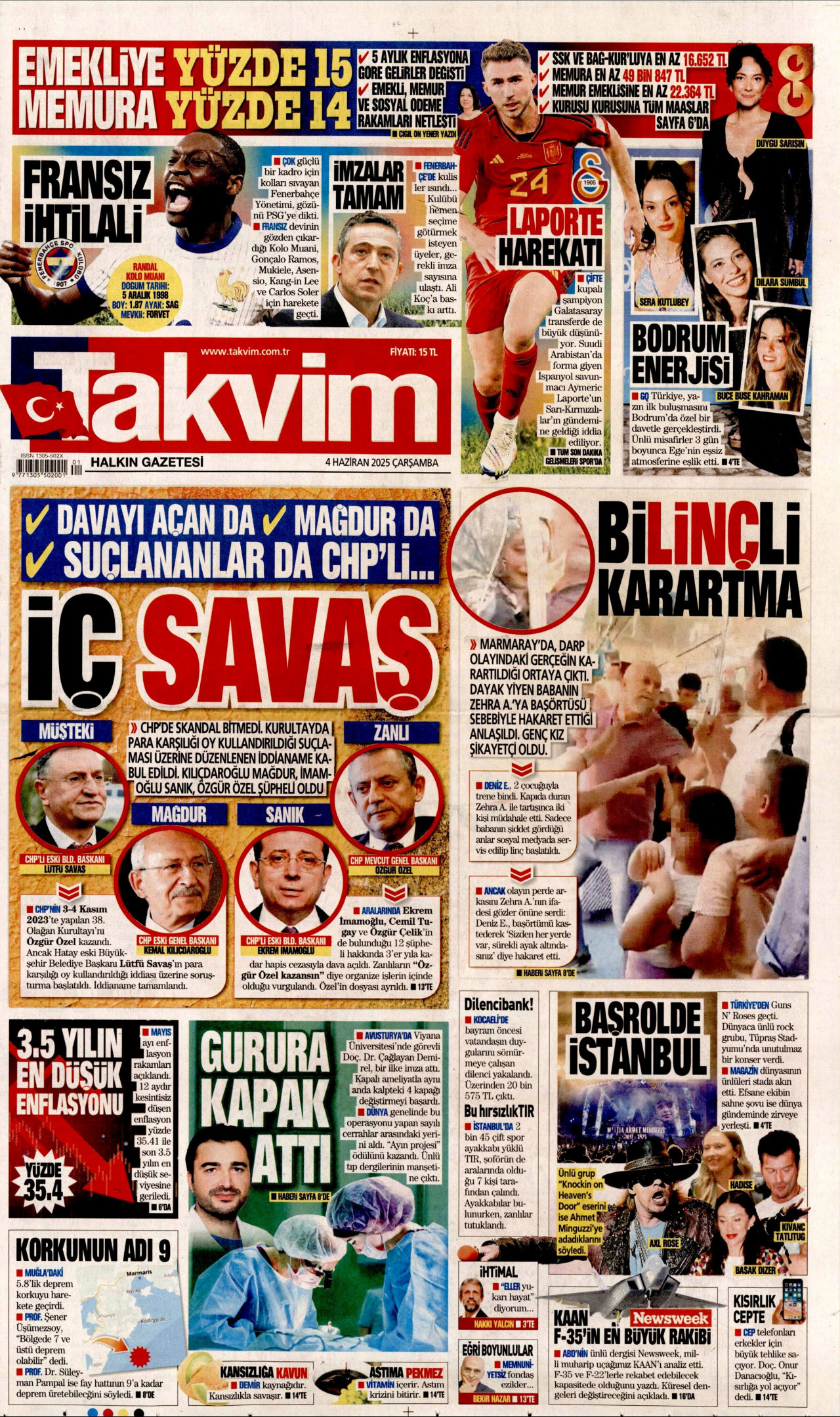 TAKVİM gazetesinin 4 Haziran 2025 tarihli birinci sayfası