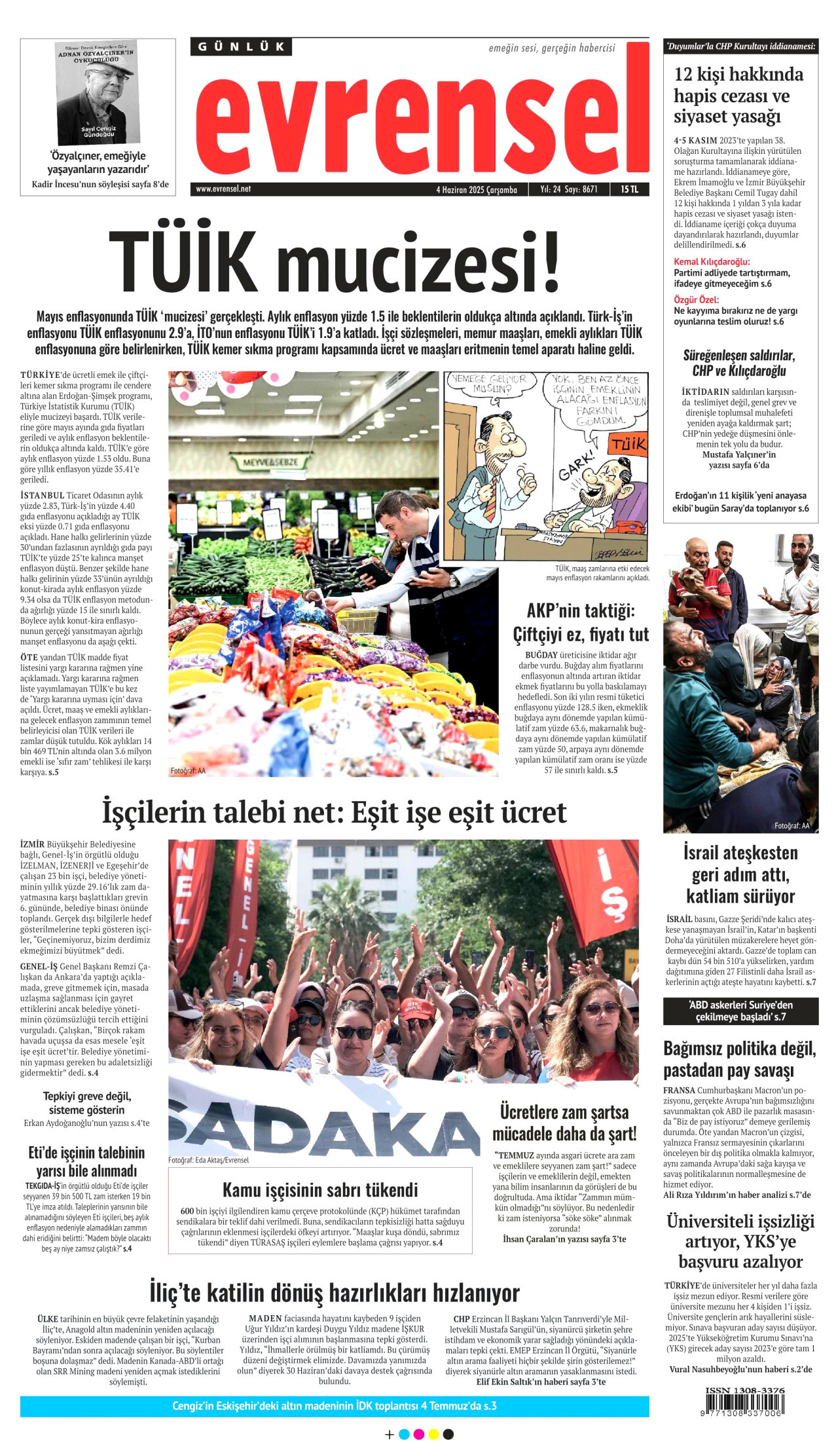 EVRENSEL gazetesinin 4 Haziran 2025 tarihli birinci sayfası