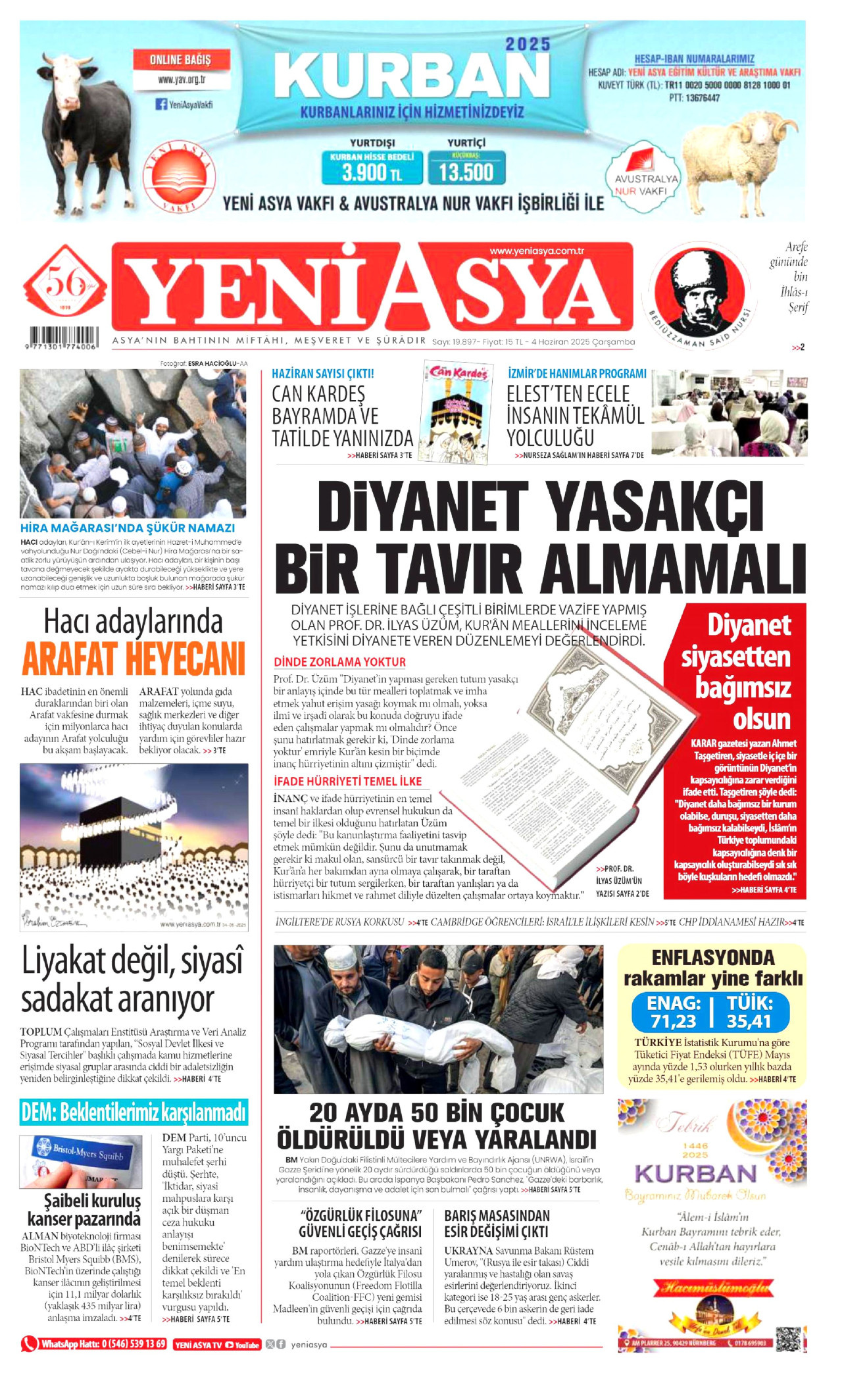 YENİ ASYA gazetesinin 4 Haziran 2025 tarihli birinci sayfası