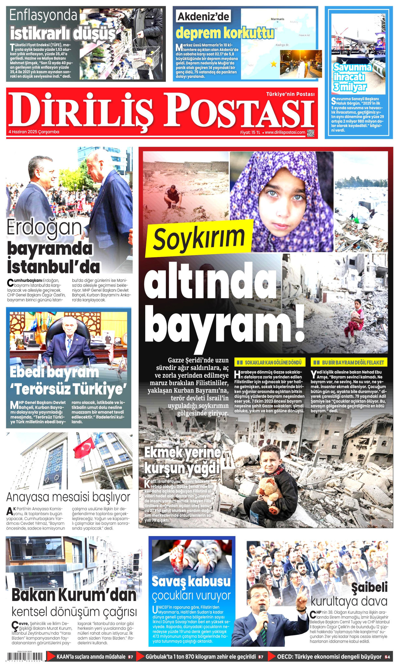 DİRİLİŞ POSTASI gazetesinin 4 Haziran 2025 tarihli birinci sayfası