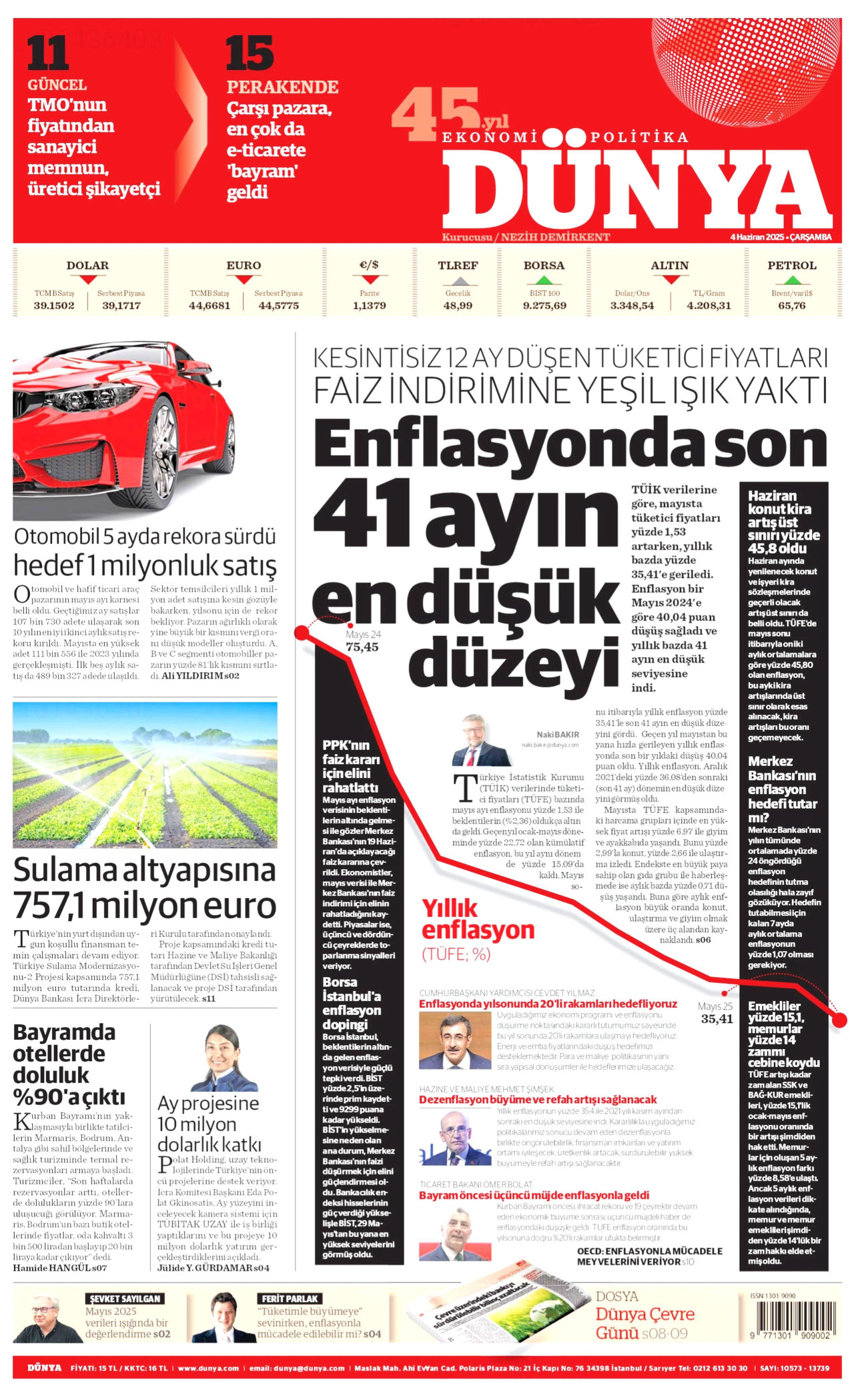 DÜNYA gazetesinin 4 Haziran 2025 tarihli birinci sayfası