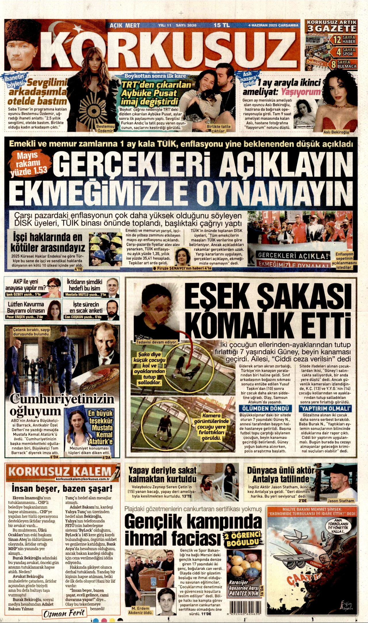 KORKUSUZ gazetesinin 4 Haziran 2025 tarihli birinci sayfası