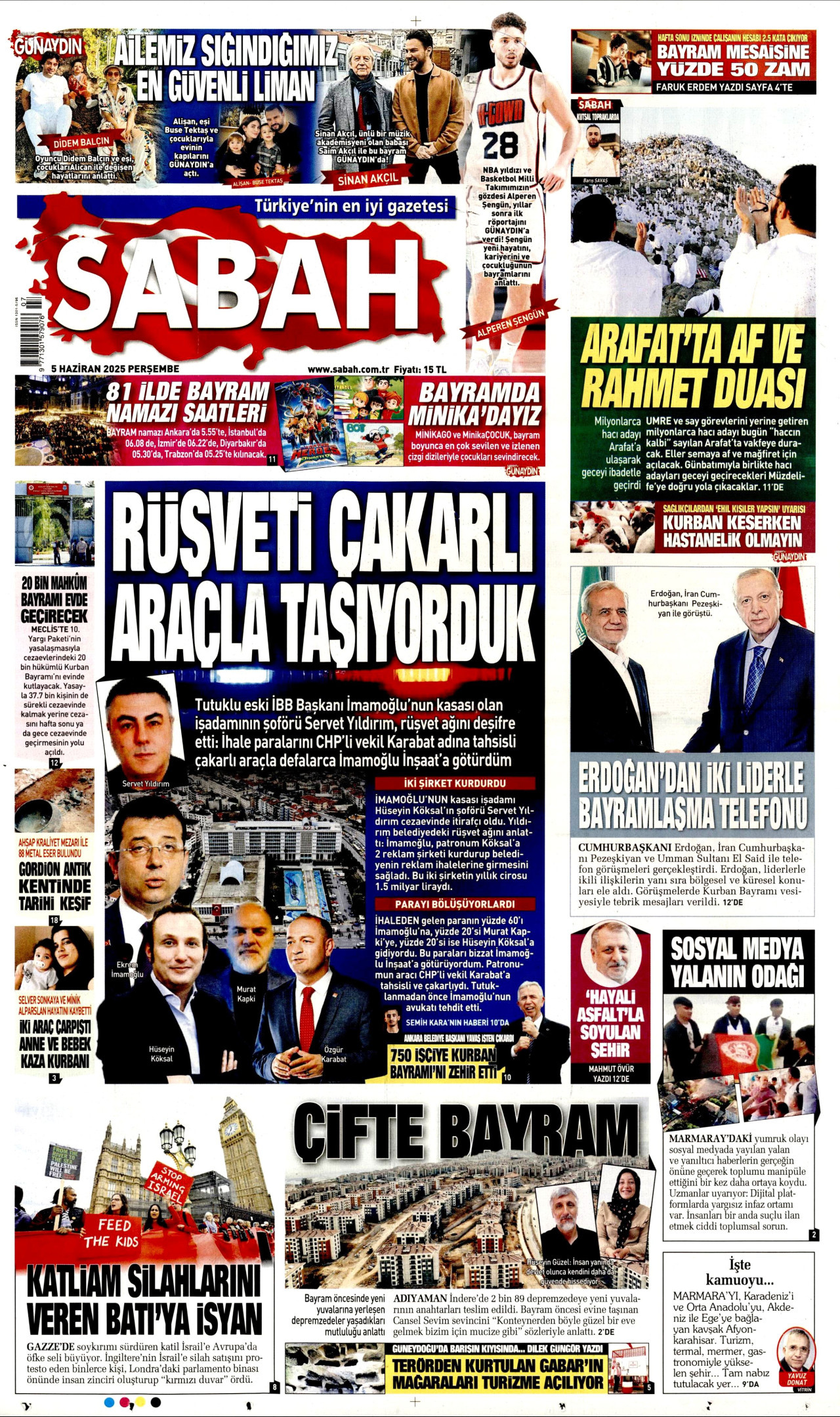 SABAH gazetesinin 5 Haziran 2025 tarihli birinci sayfası