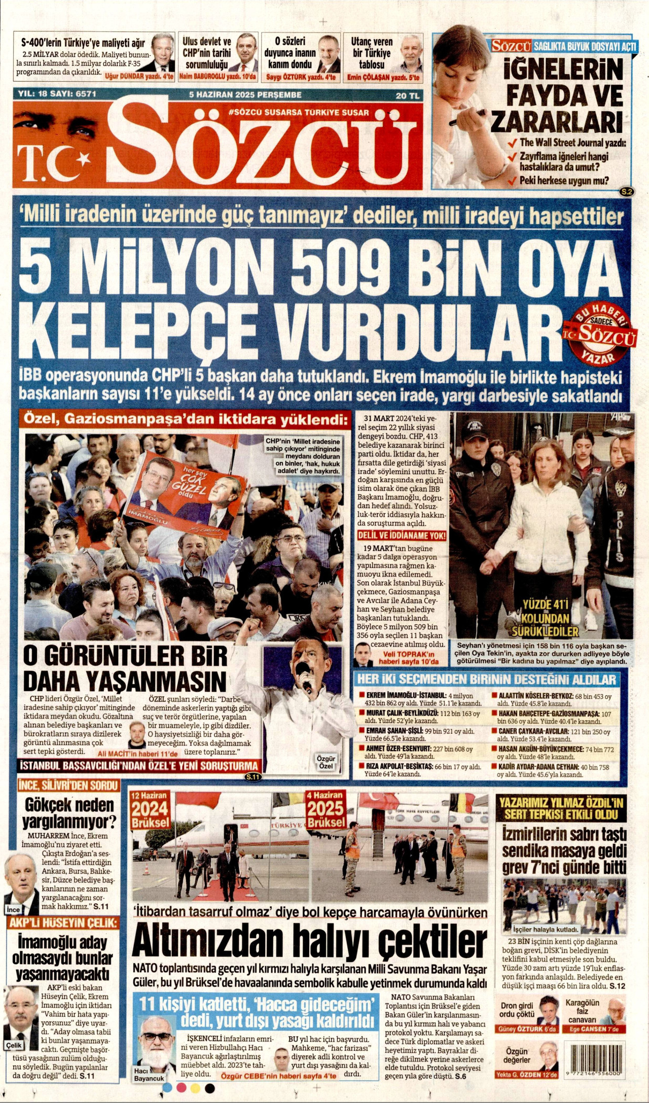 SÖZCÜ gazetesinin 5 Haziran 2025 tarihli birinci sayfası