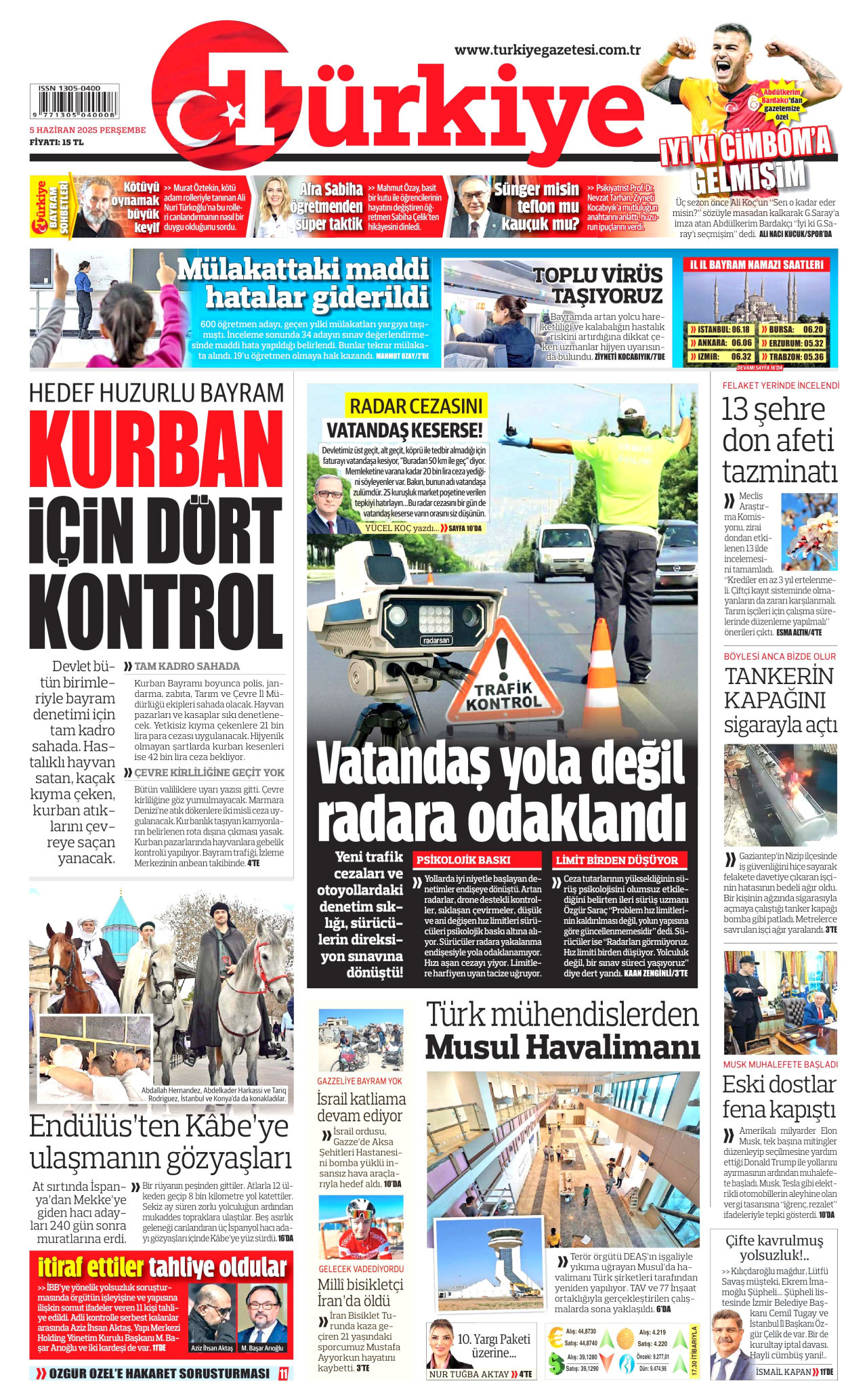 TÜRKİYE GAZETESİ gazetesinin 5 Haziran 2025 tarihli birinci sayfası