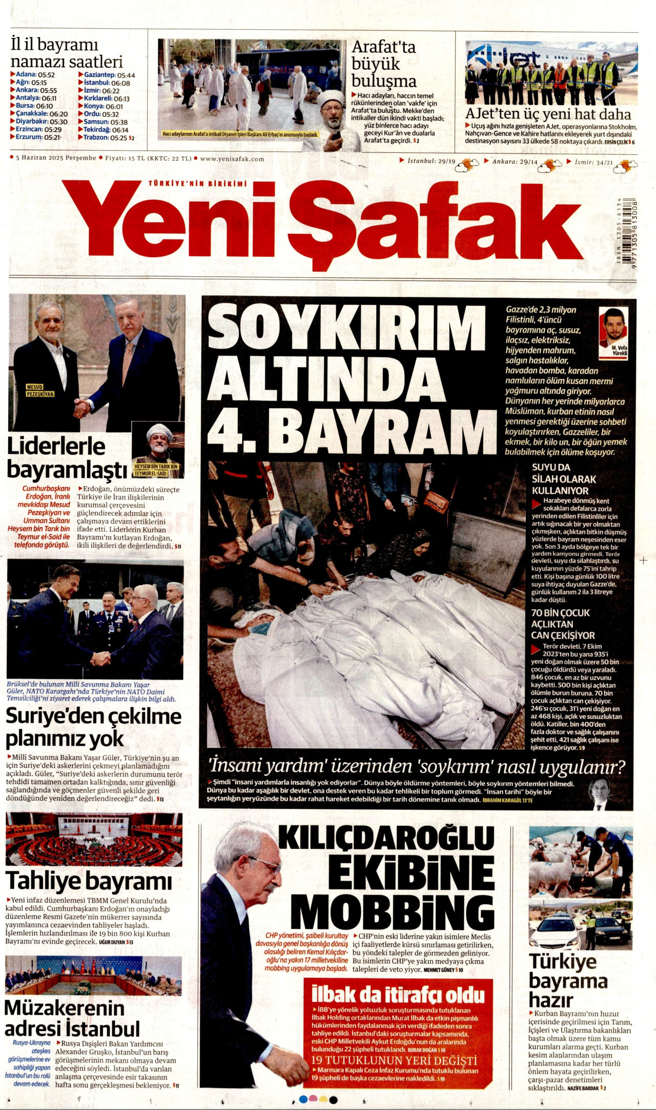 YENİ ŞAFAK gazetesinin 5 Haziran 2025 tarihli birinci sayfası
