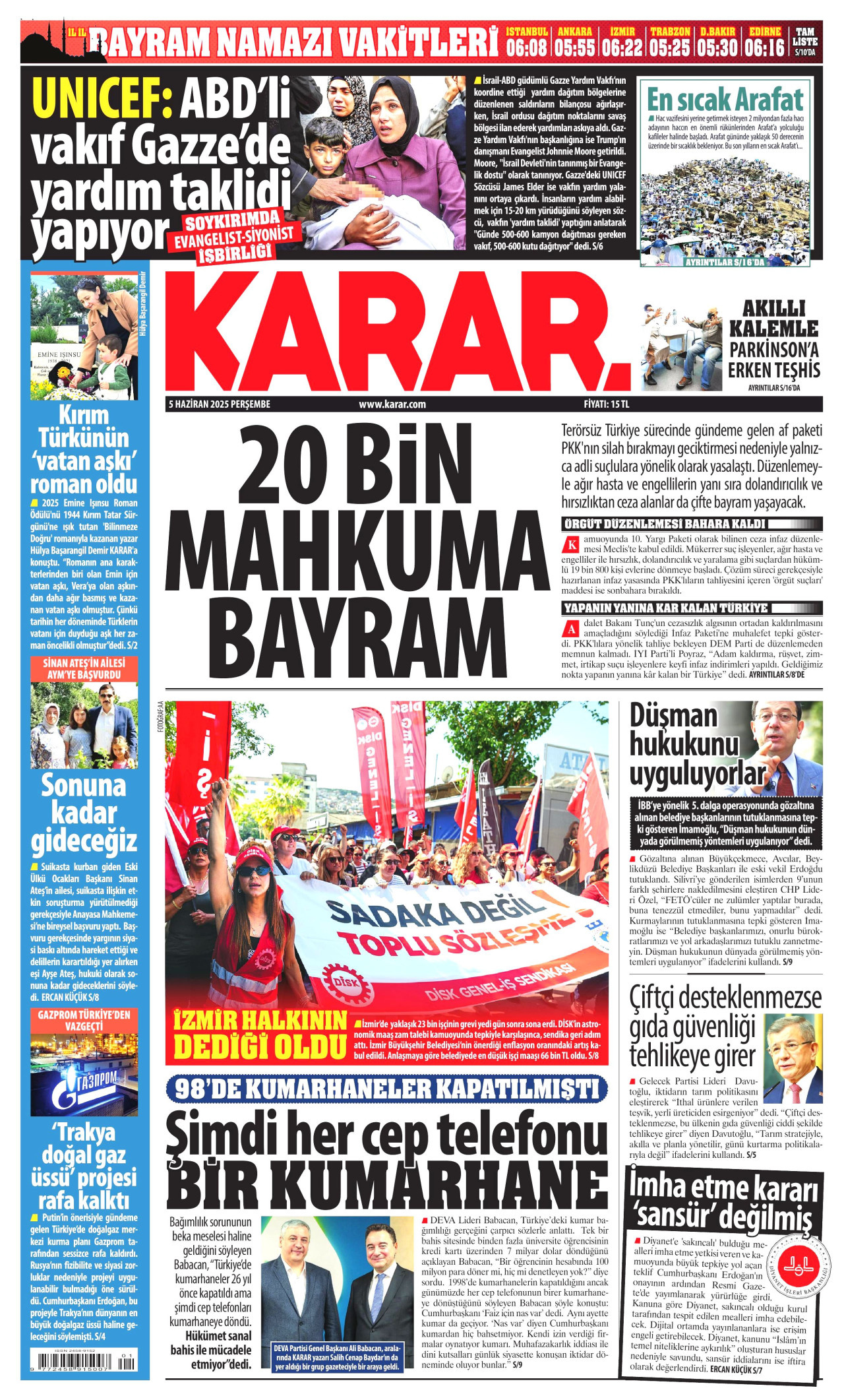 KARAR gazetesinin 5 Haziran 2025 tarihli birinci sayfası