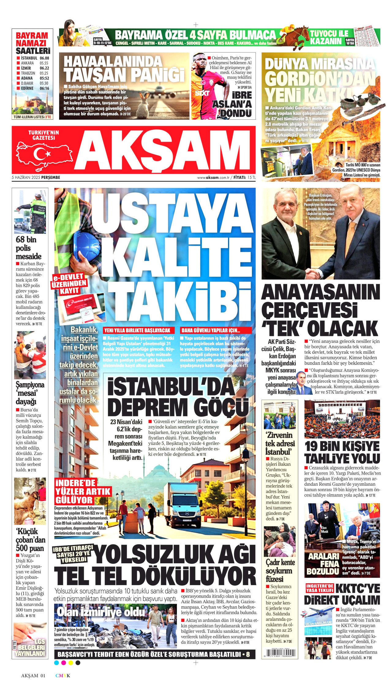 AKŞAM gazetesinin 5 Haziran 2025 tarihli birinci sayfası