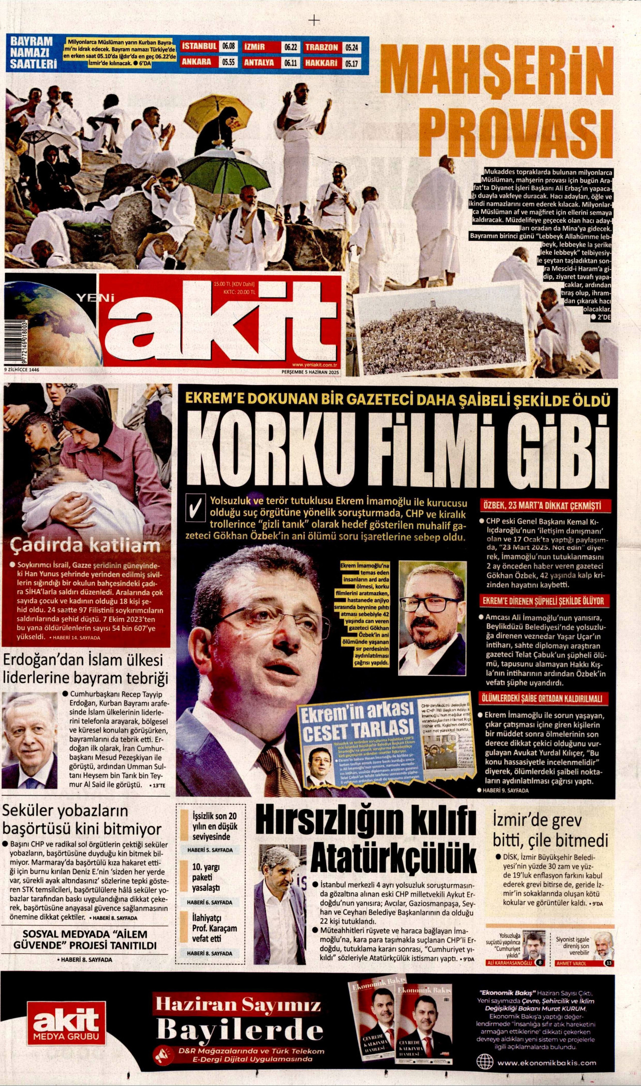 YENİ AKİT gazetesinin 5 Haziran 2025 tarihli birinci sayfası